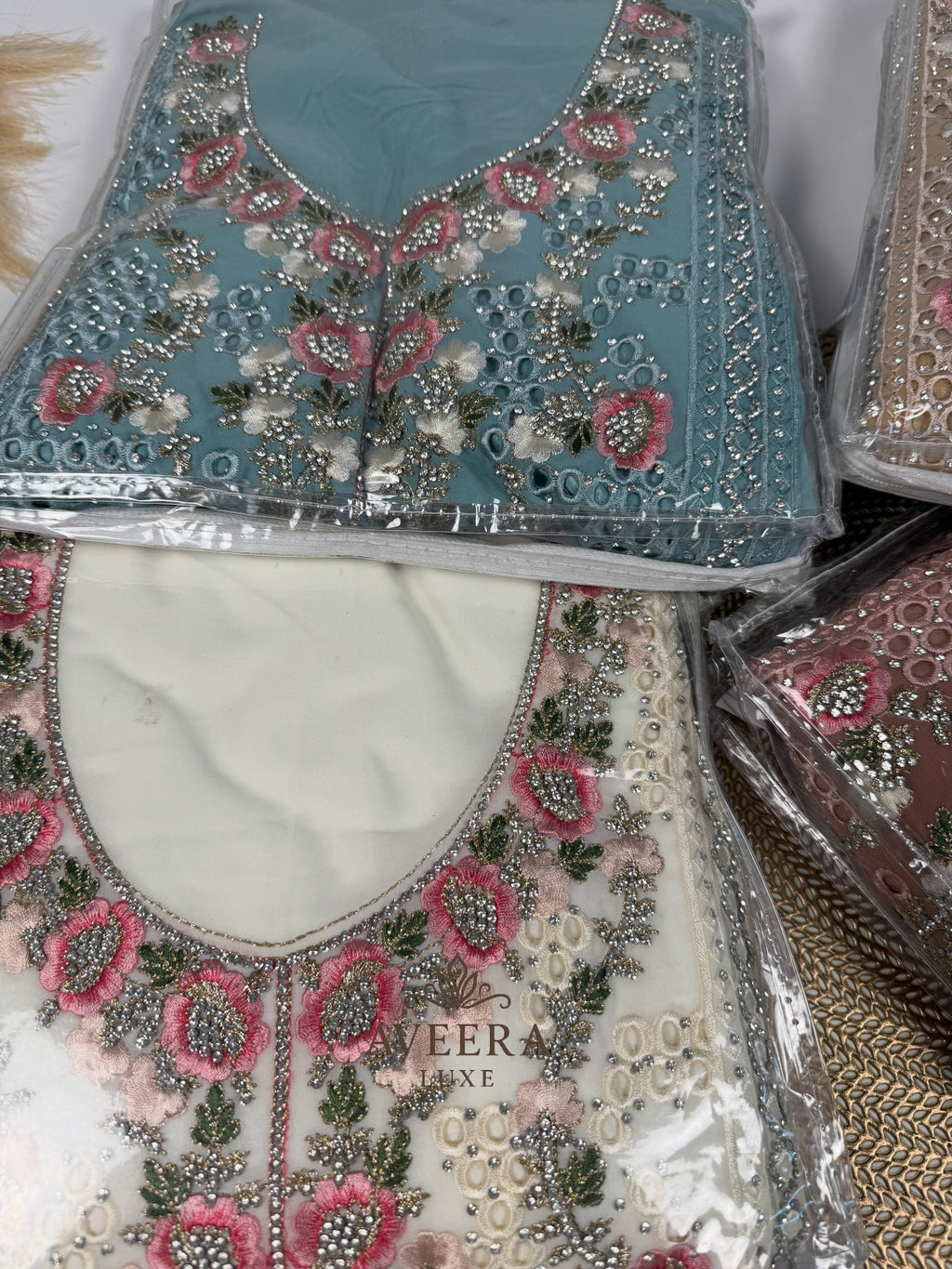 Georgette Party Wear Unstitched Suit with Floral Embroidery & Sequins (Off-White/Pink/Beige/Blue)