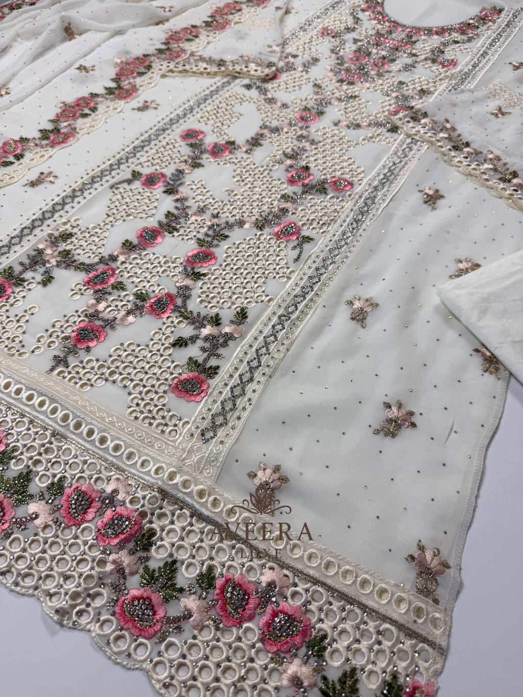 Georgette Party Wear Unstitched Suit with Floral Embroidery & Sequins (Off-White/Pink/Beige/Blue)