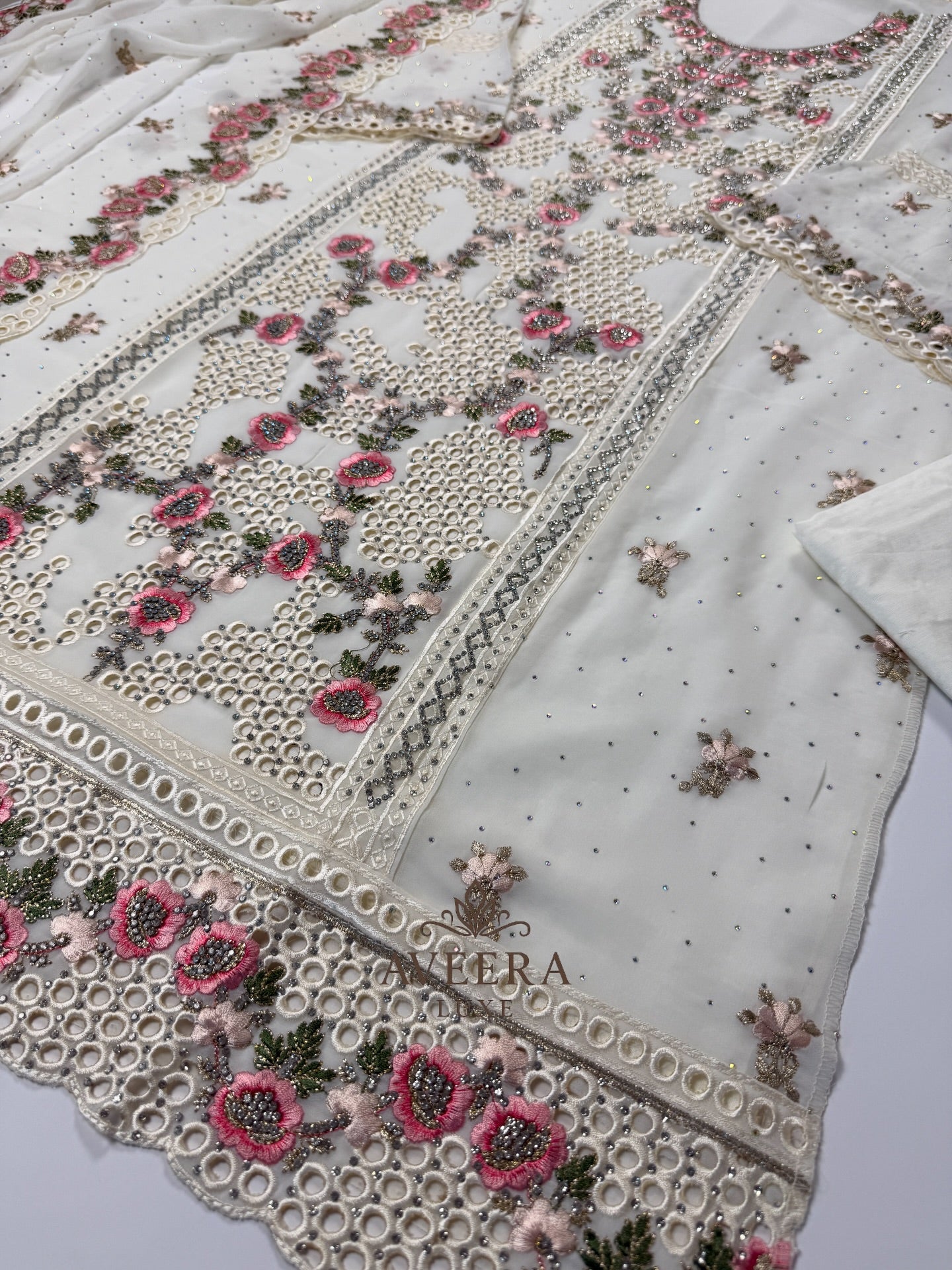 Georgette Party Wear Unstitched Suit with Floral Embroidery & Sequins (Off-White/Pink/Beige/Blue)
