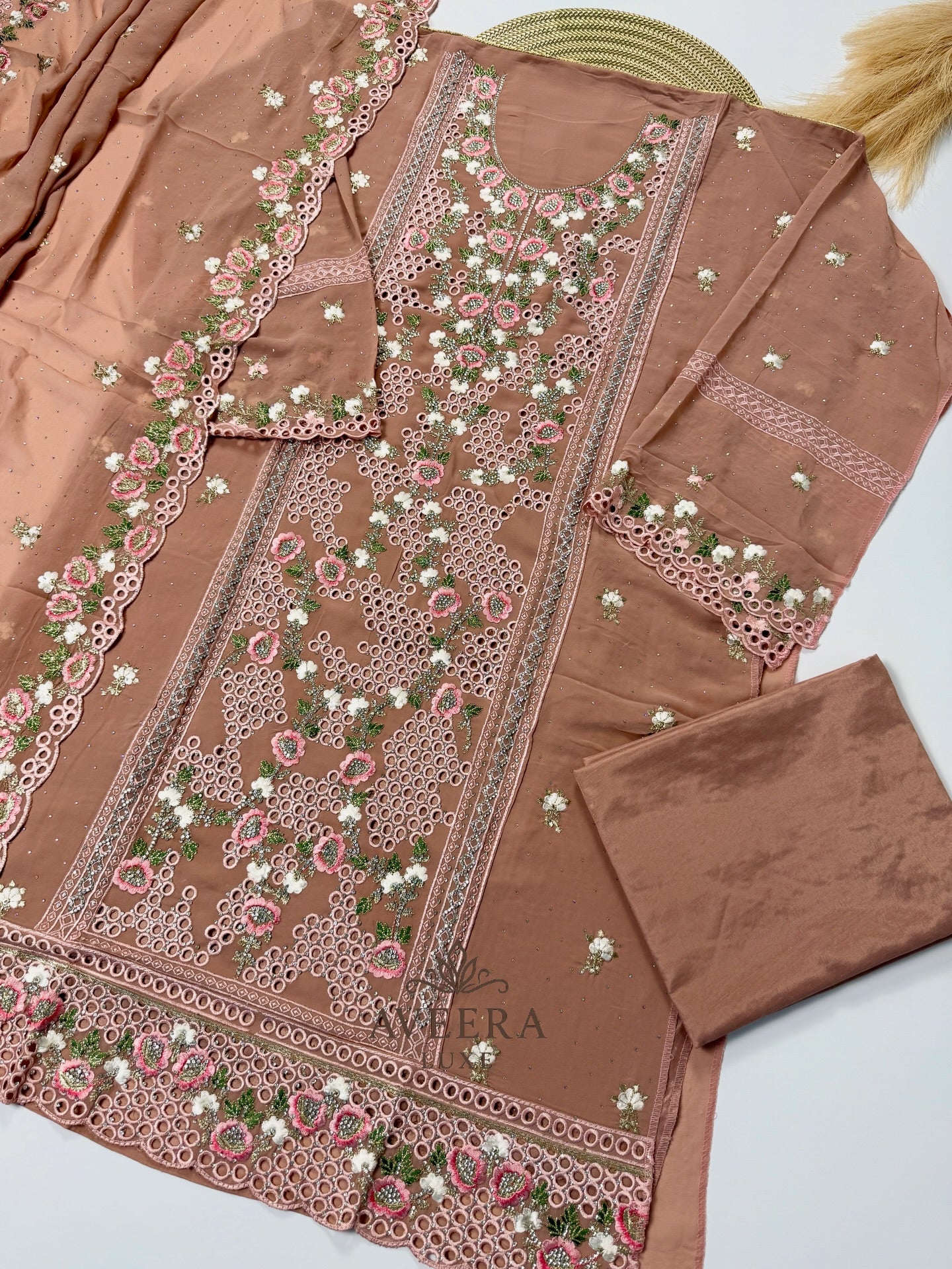 Georgette Party Wear Unstitched Suit with Floral Embroidery & Sequins (Off-White/Pink/Beige/Blue)