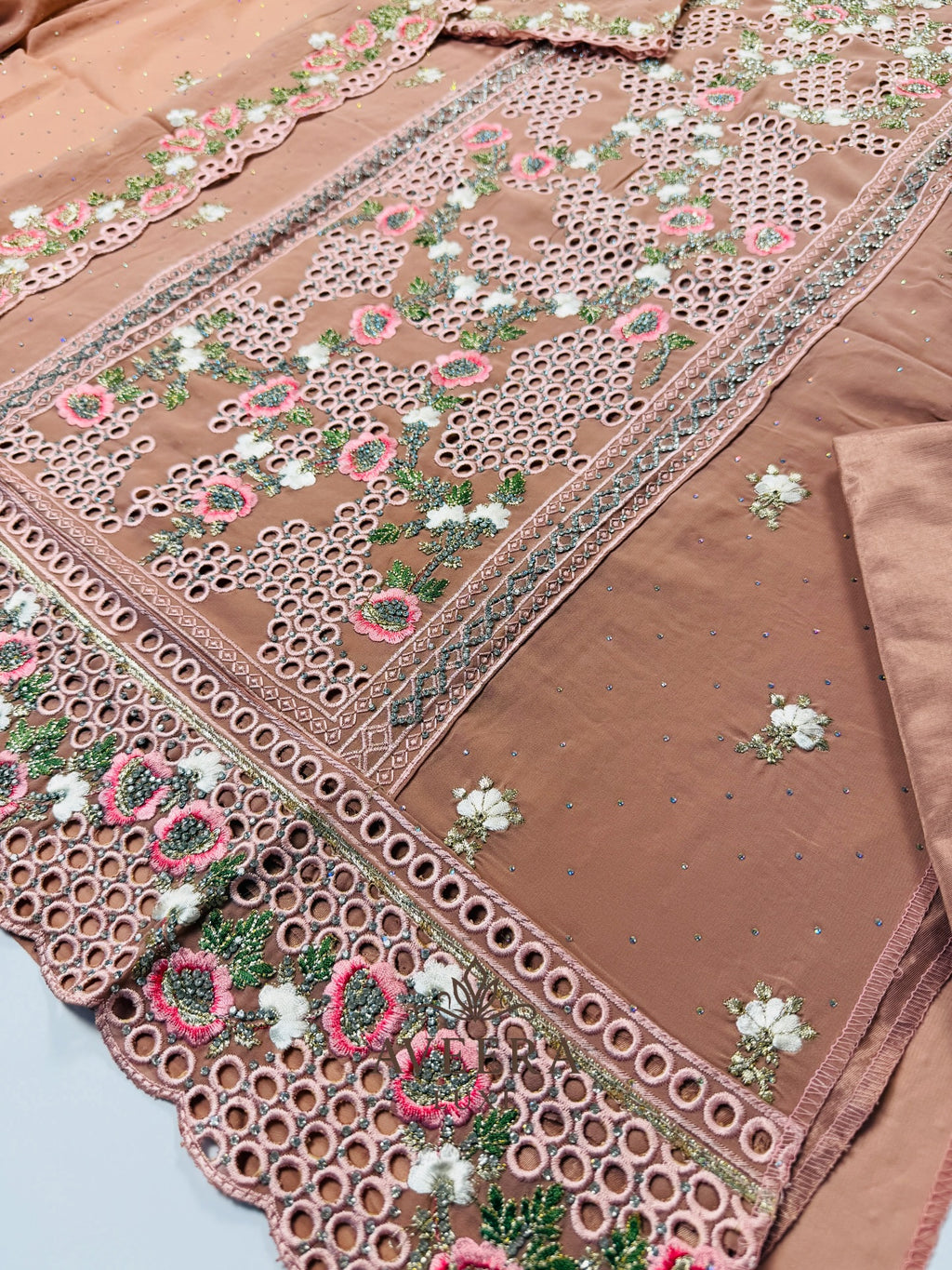 Georgette Party Wear Unstitched Suit with Floral Embroidery & Sequins (Off-White/Pink/Beige/Blue)