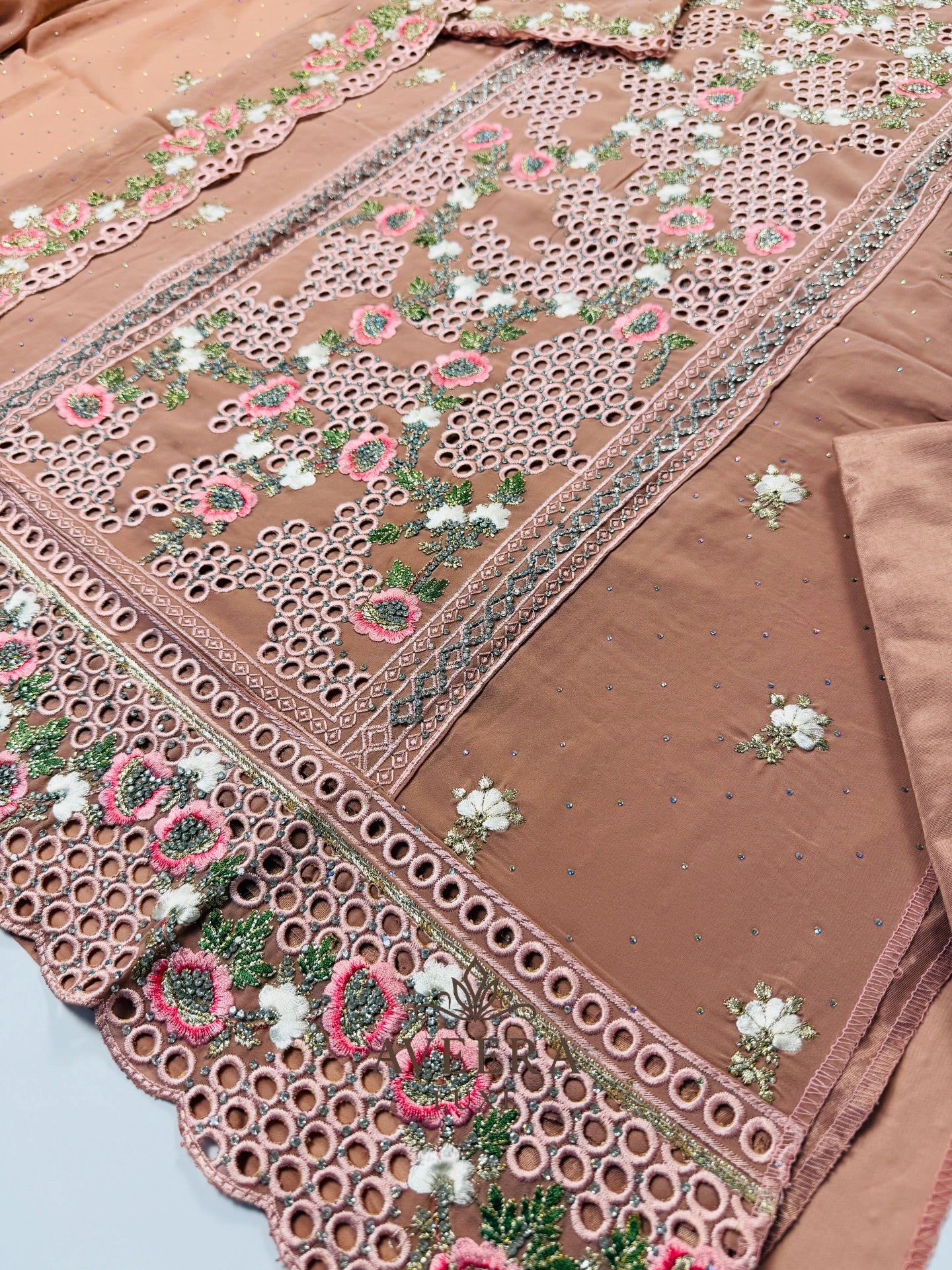 Georgette Party Wear Unstitched Suit with Floral Embroidery & Sequins (Off-White/Pink/Beige/Blue)