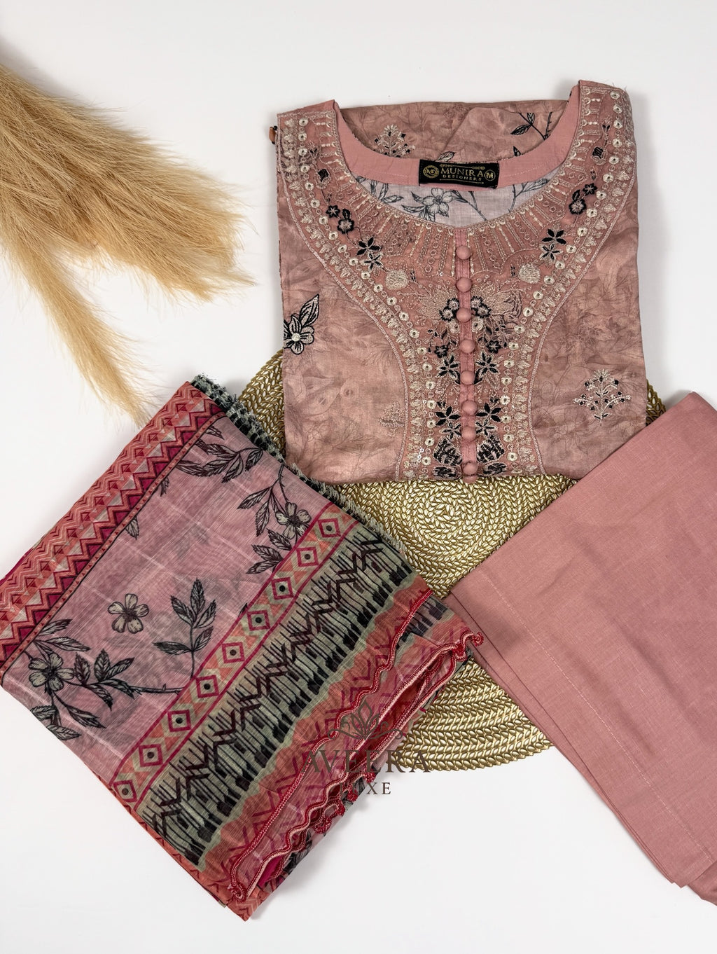 Pakistani Muneera Cotton Shalwar Suit in Dusty Rose with Embroidery & Organza Dupatta (S/M/L)