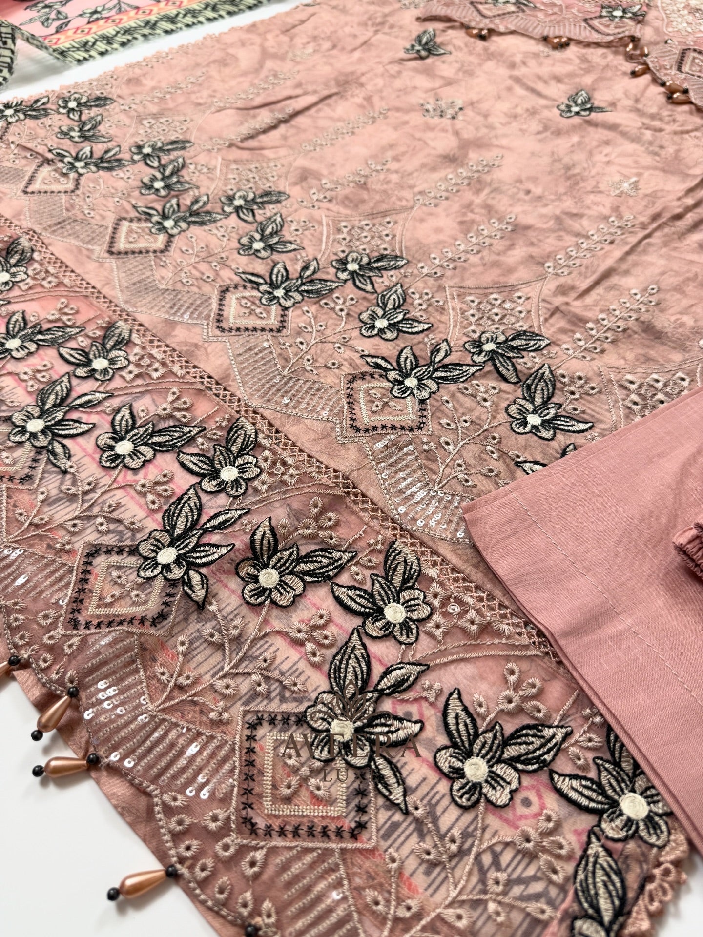 Pakistani Muneera Cotton Shalwar Suit in Dusty Rose with Embroidery & Organza Dupatta (S/M/L)