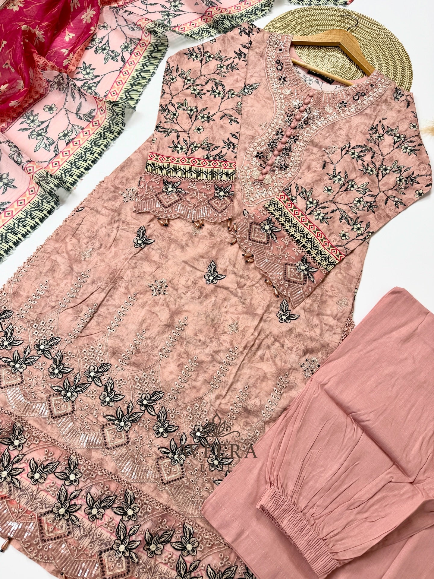 Pakistani Muneera Cotton Shalwar Suit in Dusty Rose with Embroidery & Organza Dupatta (S/M/L)