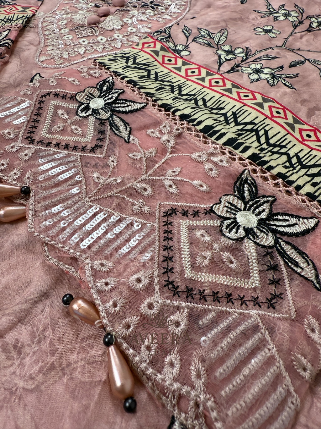 Pakistani Muneera Cotton Shalwar Suit in Dusty Rose with Embroidery & Organza Dupatta (S/M/L)