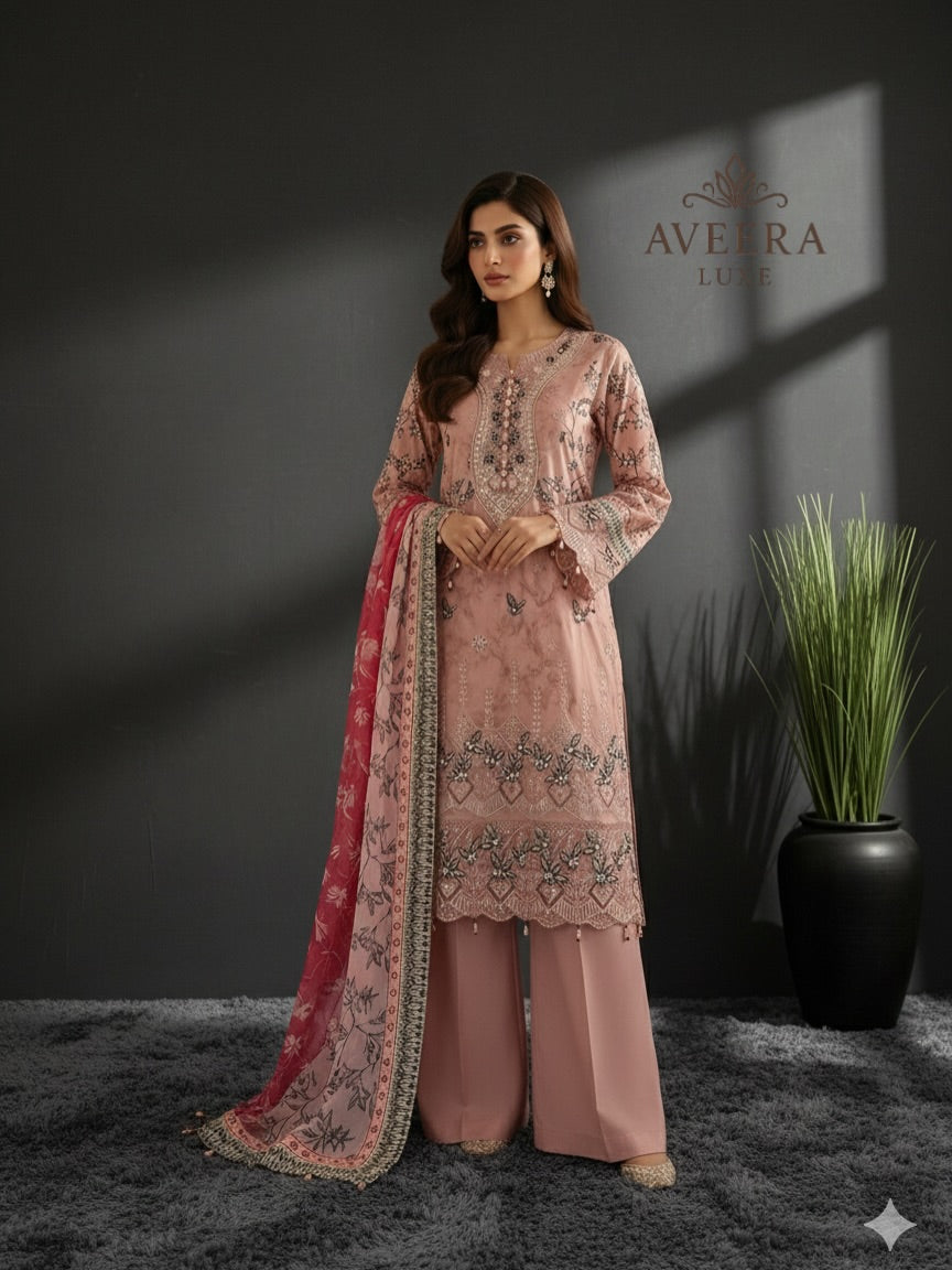 Pakistani Muneera Cotton Shalwar Suit in Dusty Rose with Embroidery & Organza Dupatta (S/M/L)