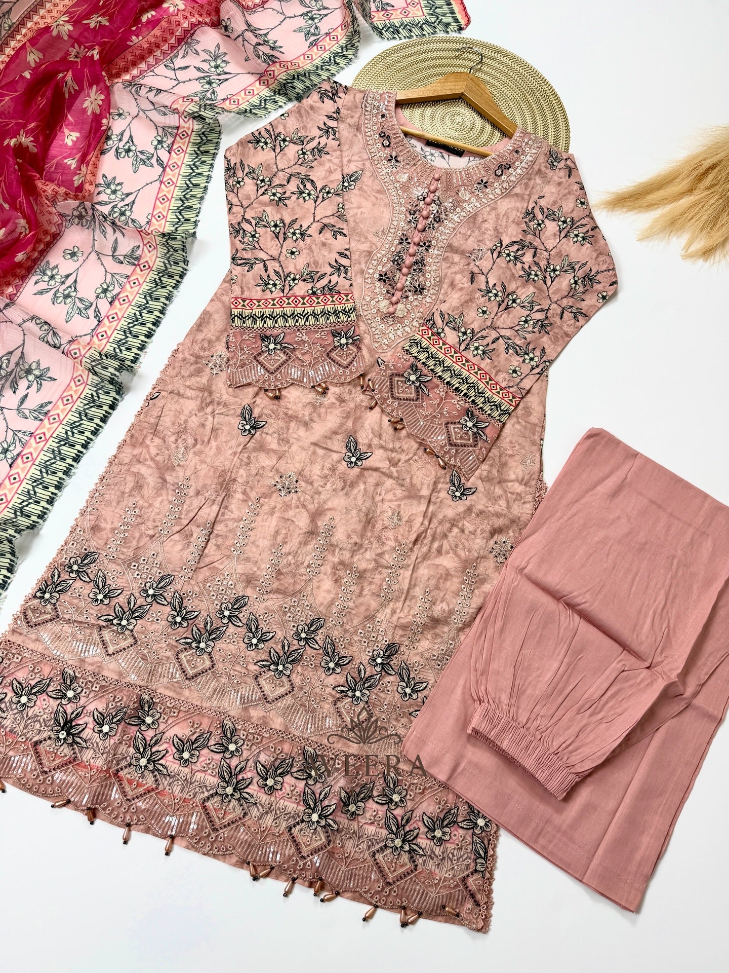 Pakistani Muneera Cotton Shalwar Suit in Dusty Rose with Embroidery & Organza Dupatta (S/M/L)