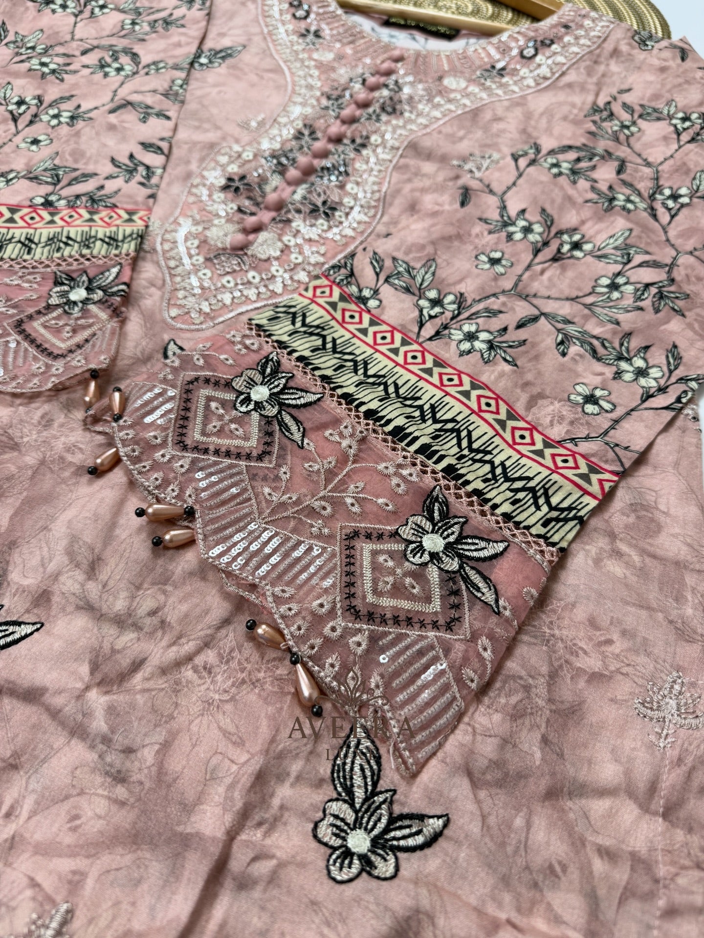 Pakistani Muneera Cotton Shalwar Suit in Dusty Rose with Embroidery & Organza Dupatta (S/M/L)