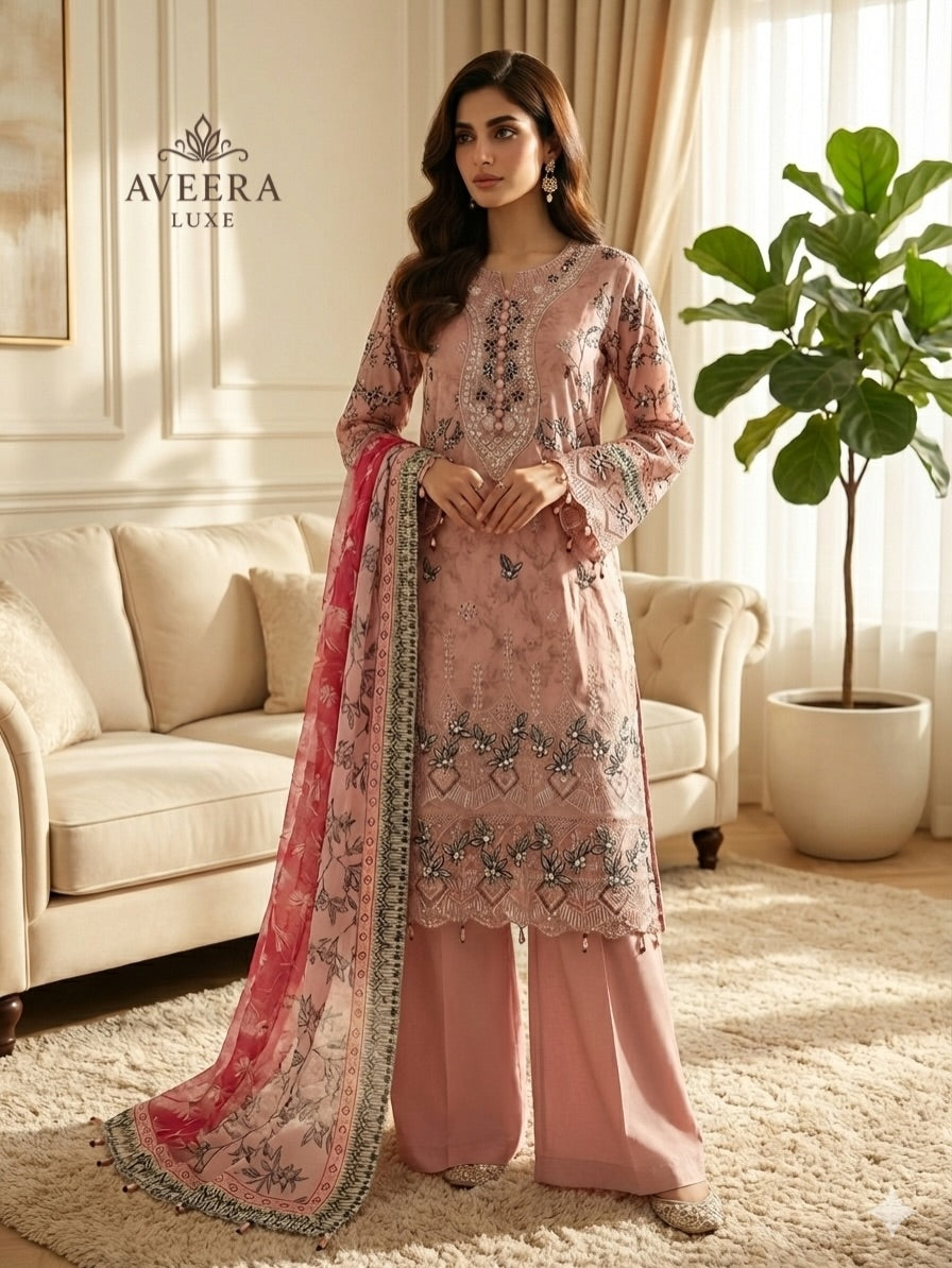 Pakistani Muneera Cotton Shalwar Suit in Dusty Rose with Embroidery & Organza Dupatta (S/M/L)