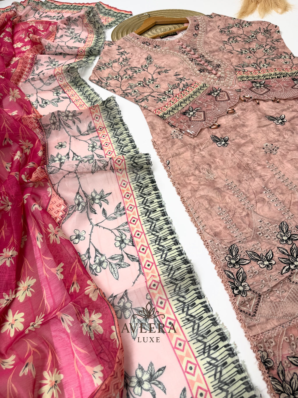 Pakistani Muneera Cotton Shalwar Suit in Dusty Rose with Embroidery & Organza Dupatta (S/M/L)