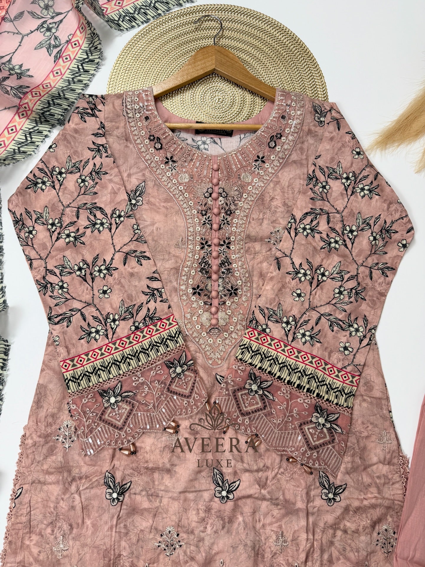 Pakistani Muneera Cotton Shalwar Suit in Dusty Rose with Embroidery & Organza Dupatta (S/M/L)