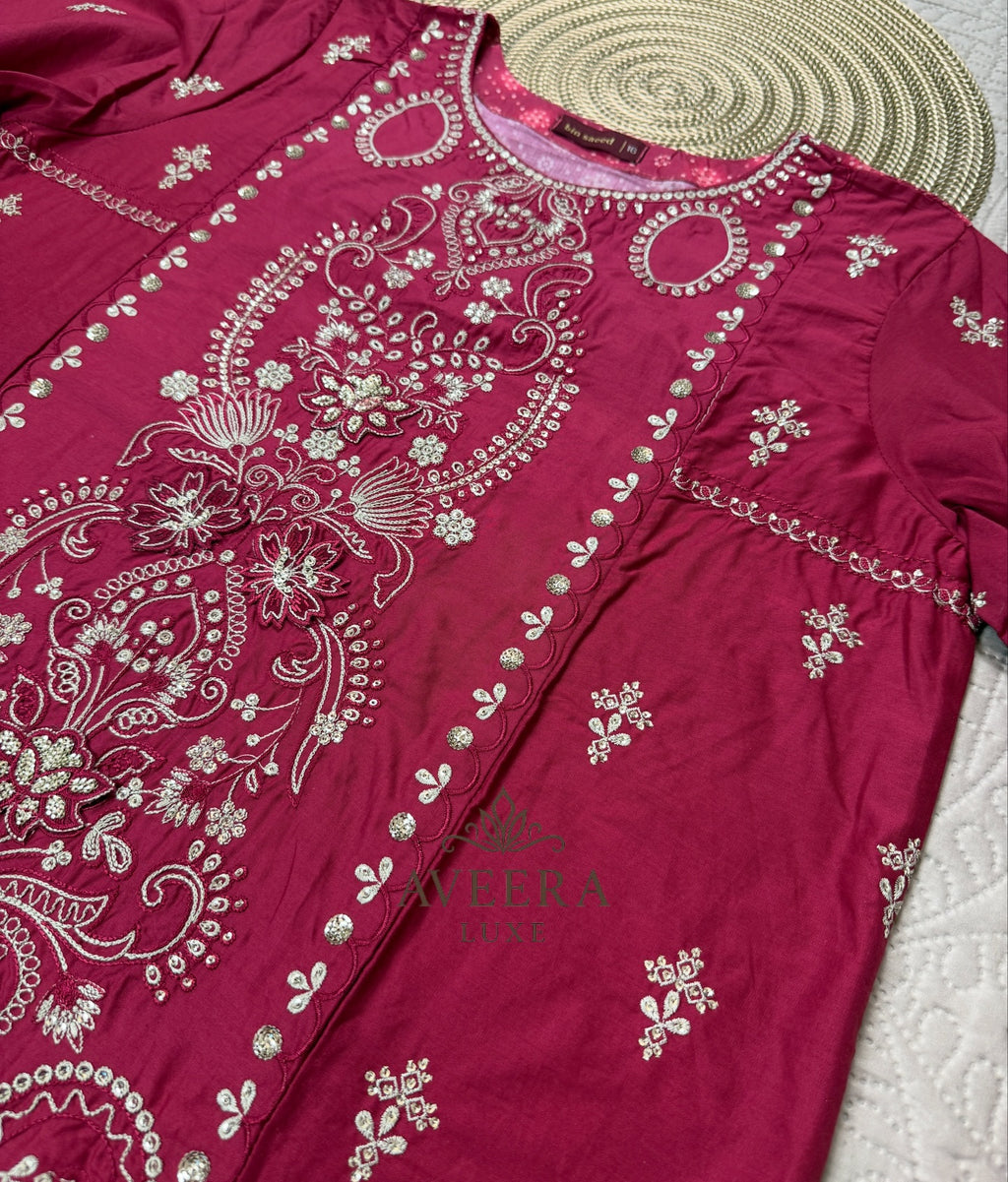 Bin Saeed Luxury Embroidered Cotton Shalwar Suit in Maroon (M/L/XL)