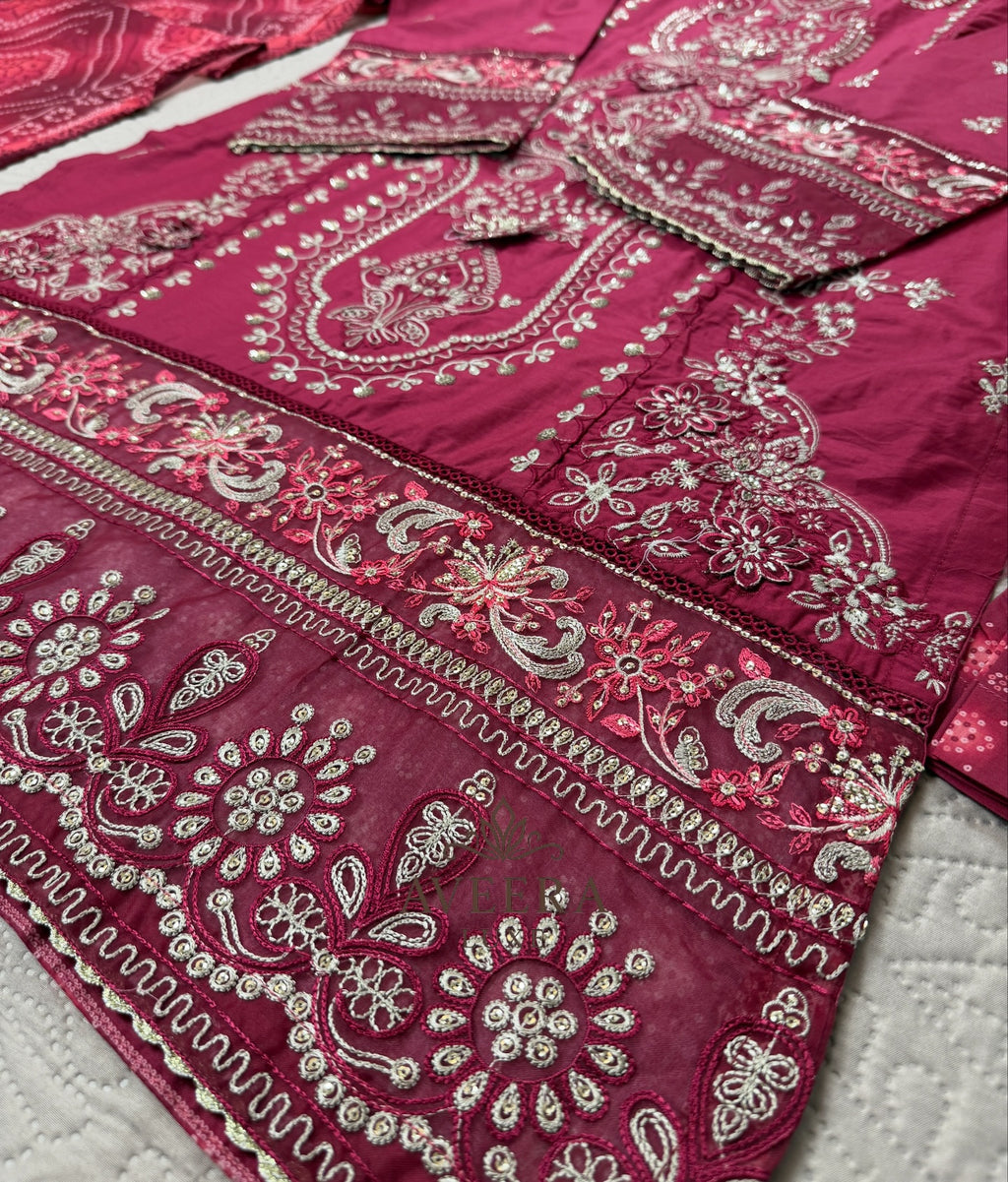 Bin Saeed Luxury Embroidered Cotton Shalwar Suit in Maroon (M/L/XL)