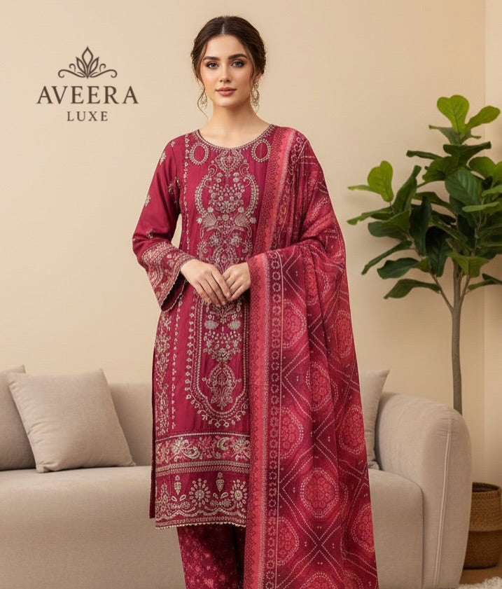 Bin Saeed Luxury Embroidered Cotton Shalwar Suit in Maroon (M/L/XL)