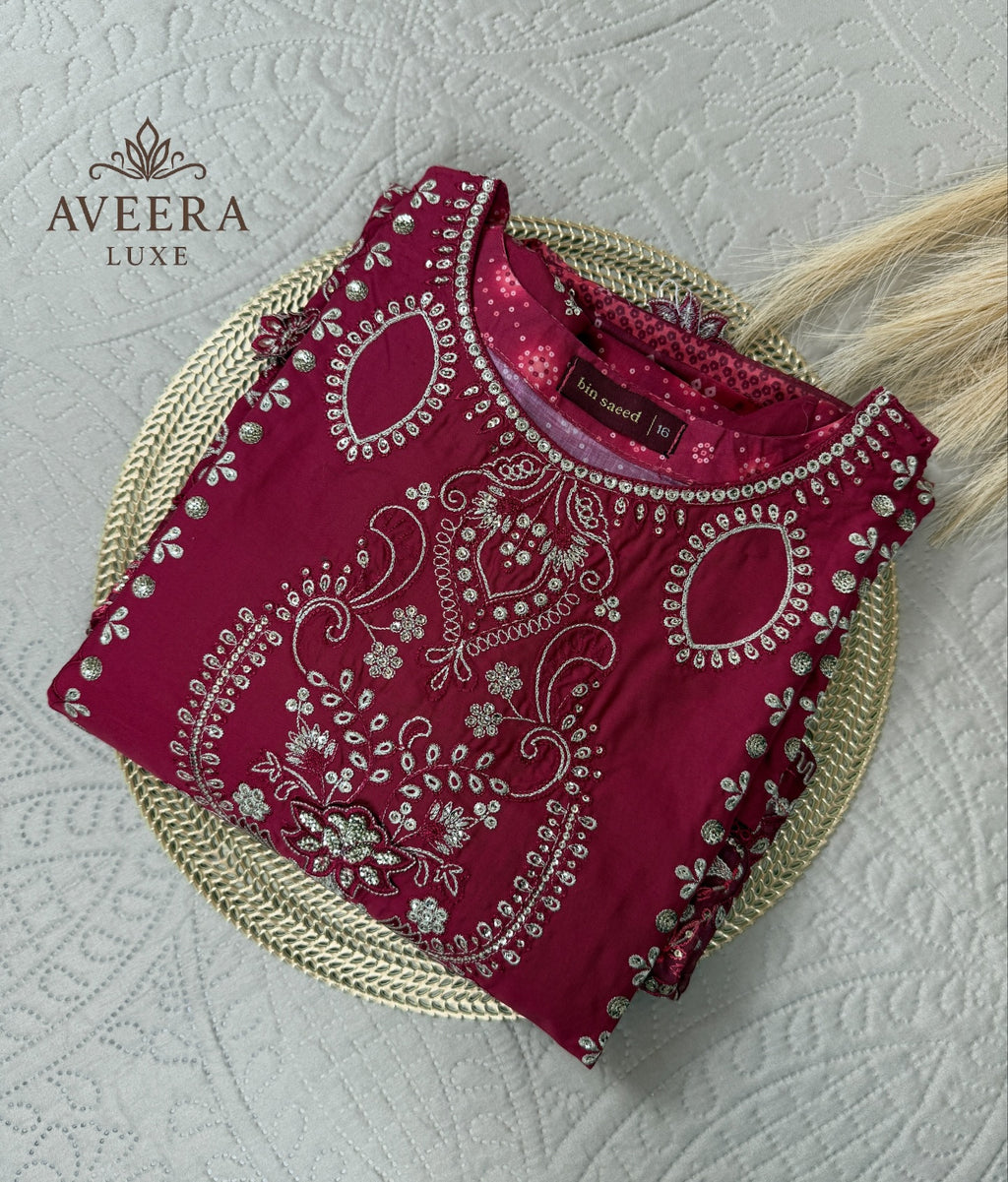 Bin Saeed Luxury Embroidered Cotton Shalwar Suit in Maroon (M/L/XL)