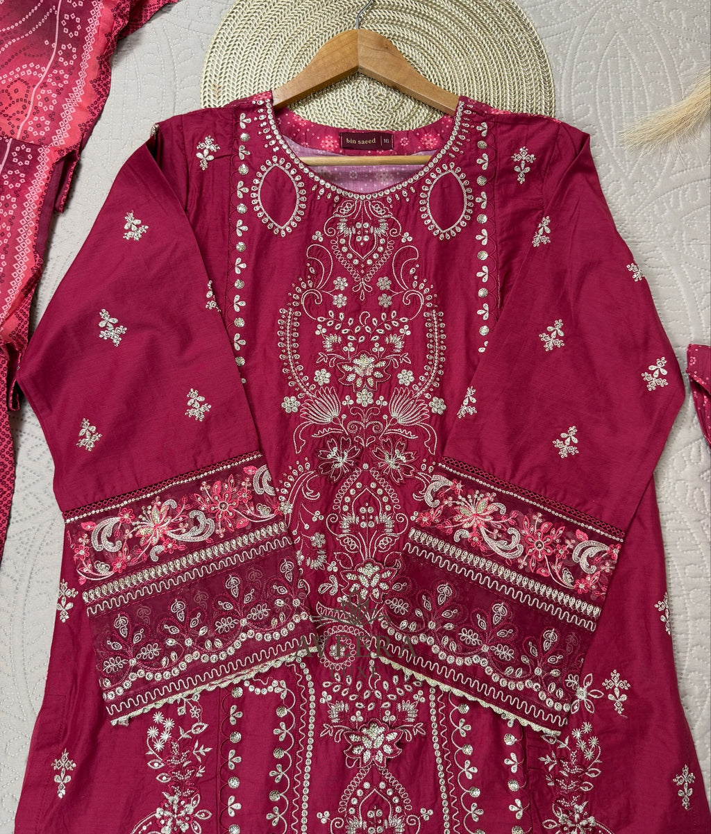 Bin Saeed Luxury Embroidered Cotton Shalwar Suit in Maroon (M/L/XL)