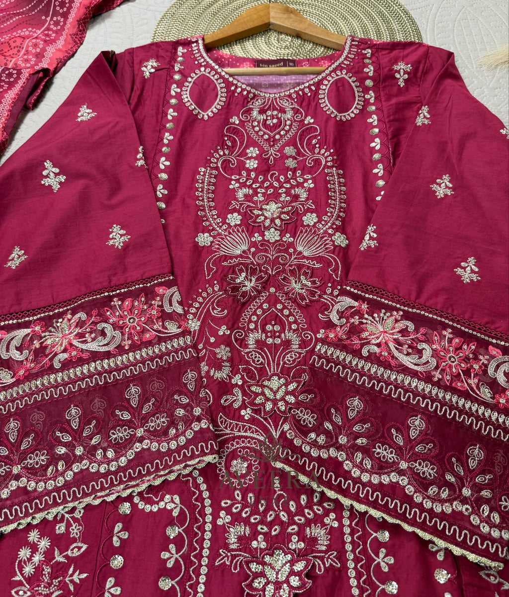 Bin Saeed Luxury Embroidered Cotton Shalwar Suit in Maroon (M/L/XL)