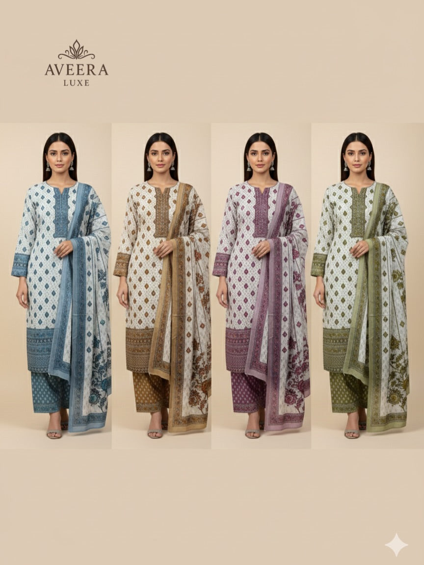 Unstitched 3-Piece Cotton Shalwar Suit with Embroidery & Stonework (Blue/Purple/Brown/Green)