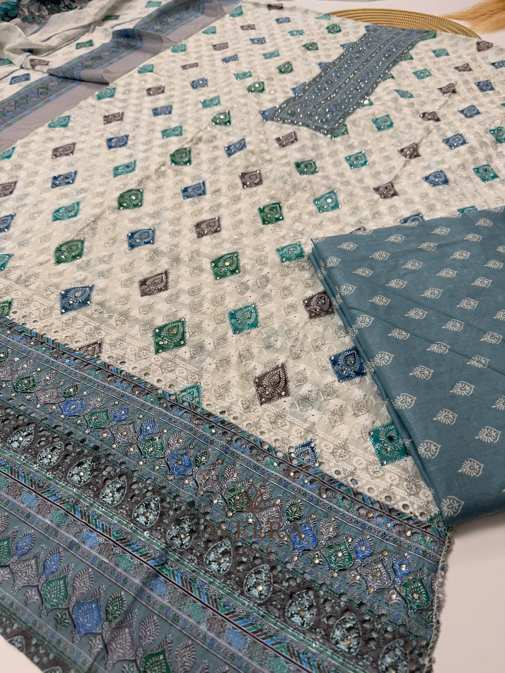 Unstitched 3-Piece Cotton Shalwar Suit with Embroidery & Stonework (Blue/Purple/Brown/Green)