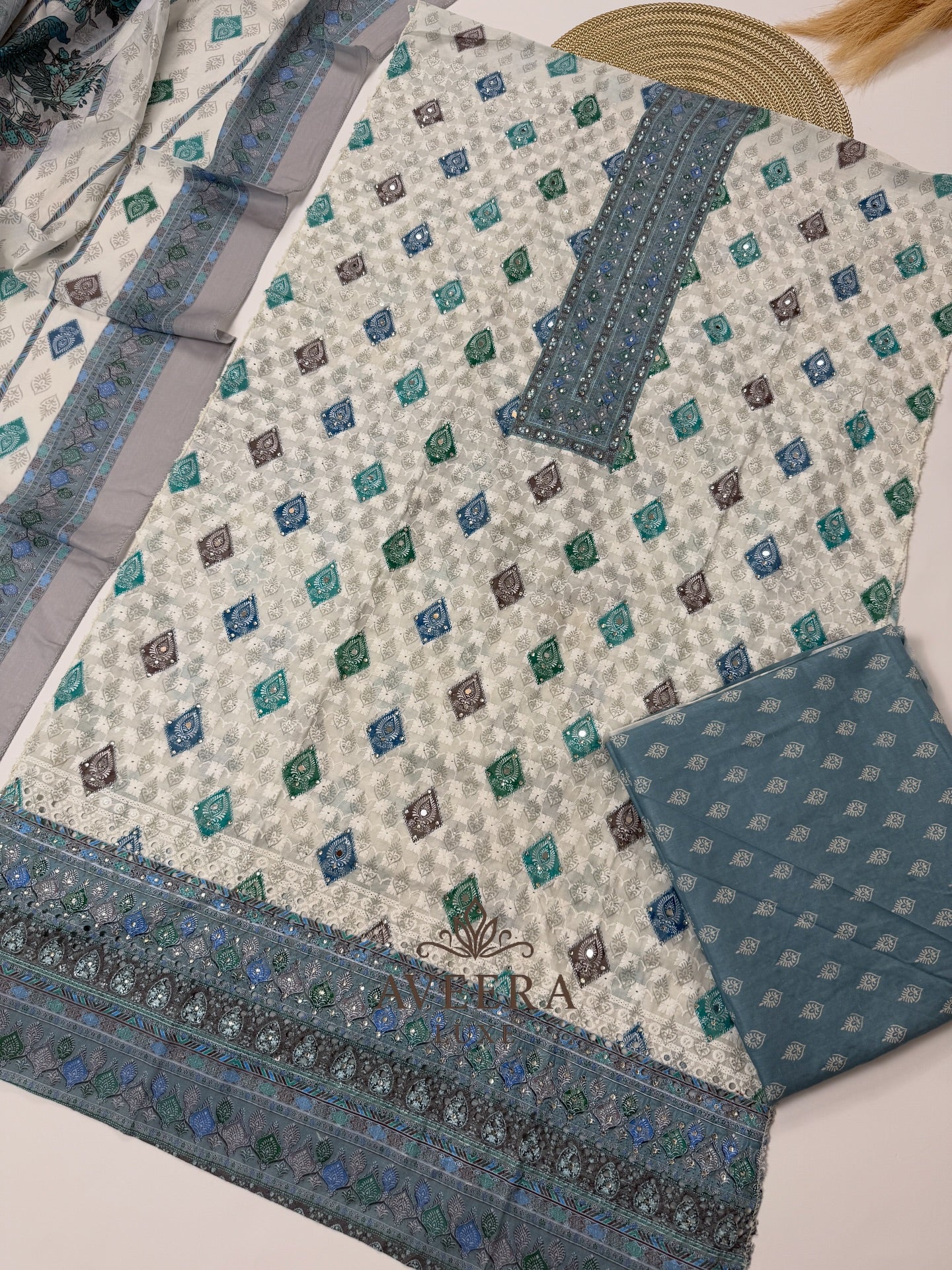 Unstitched 3-Piece Cotton Shalwar Suit with Embroidery & Stonework (Blue/Purple/Brown/Green)