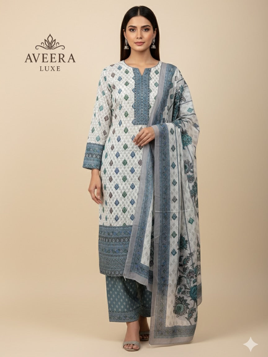 Unstitched 3-Piece Cotton Shalwar Suit with Embroidery & Stonework (Blue/Purple/Brown/Green)