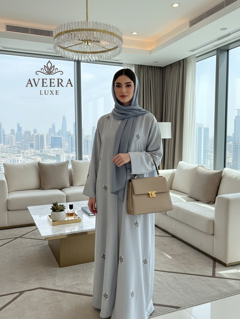 Light Grey Linen-Look Crepe Abaya with Leaf Embroidery & Free Hijab (Sizes 52/54)