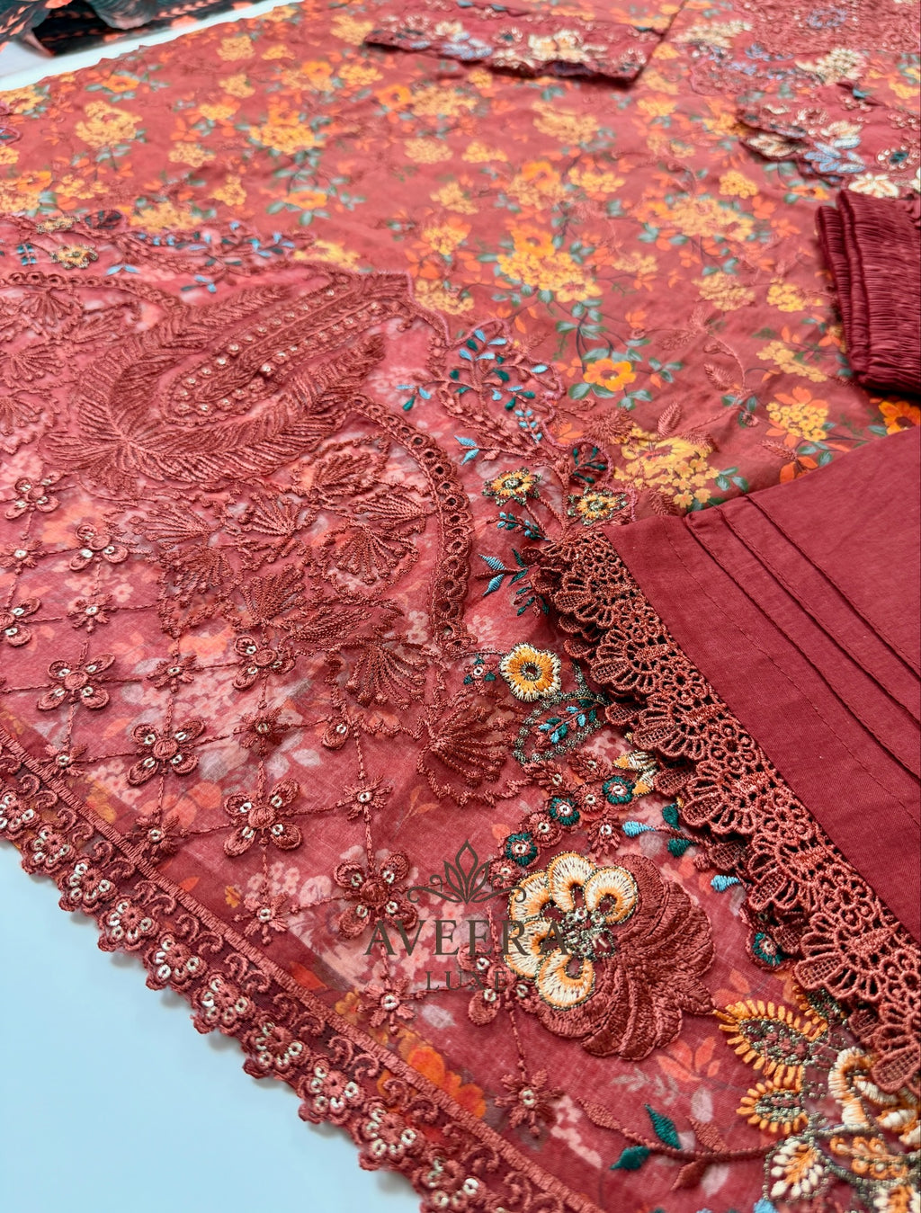 Pakistani Munira 3-Piece Cotton Shalwar Suit with Floral Print & Embroidery (M/L)
