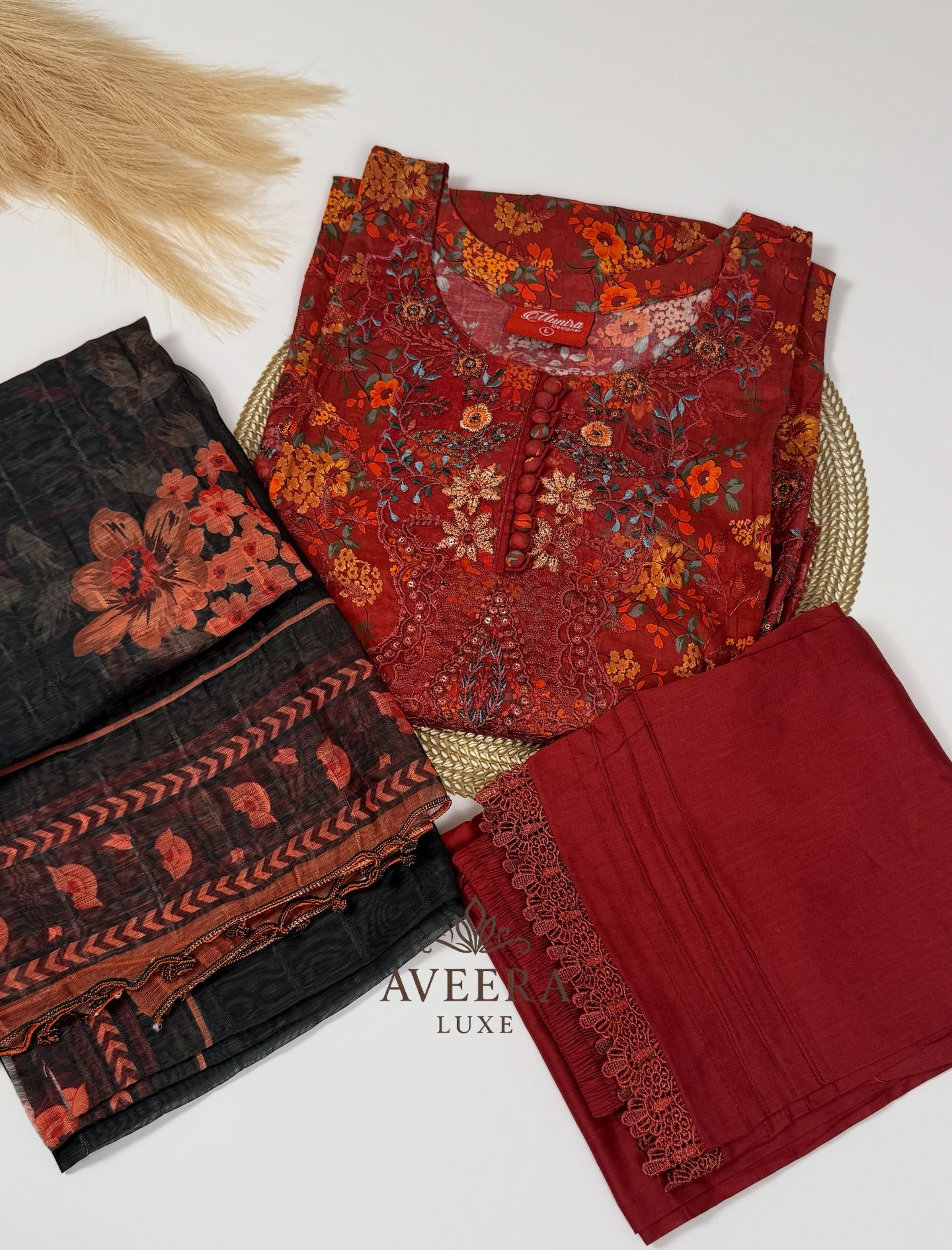 Pakistani Munira 3-Piece Cotton Shalwar Suit with Floral Print & Embroidery (M/L)