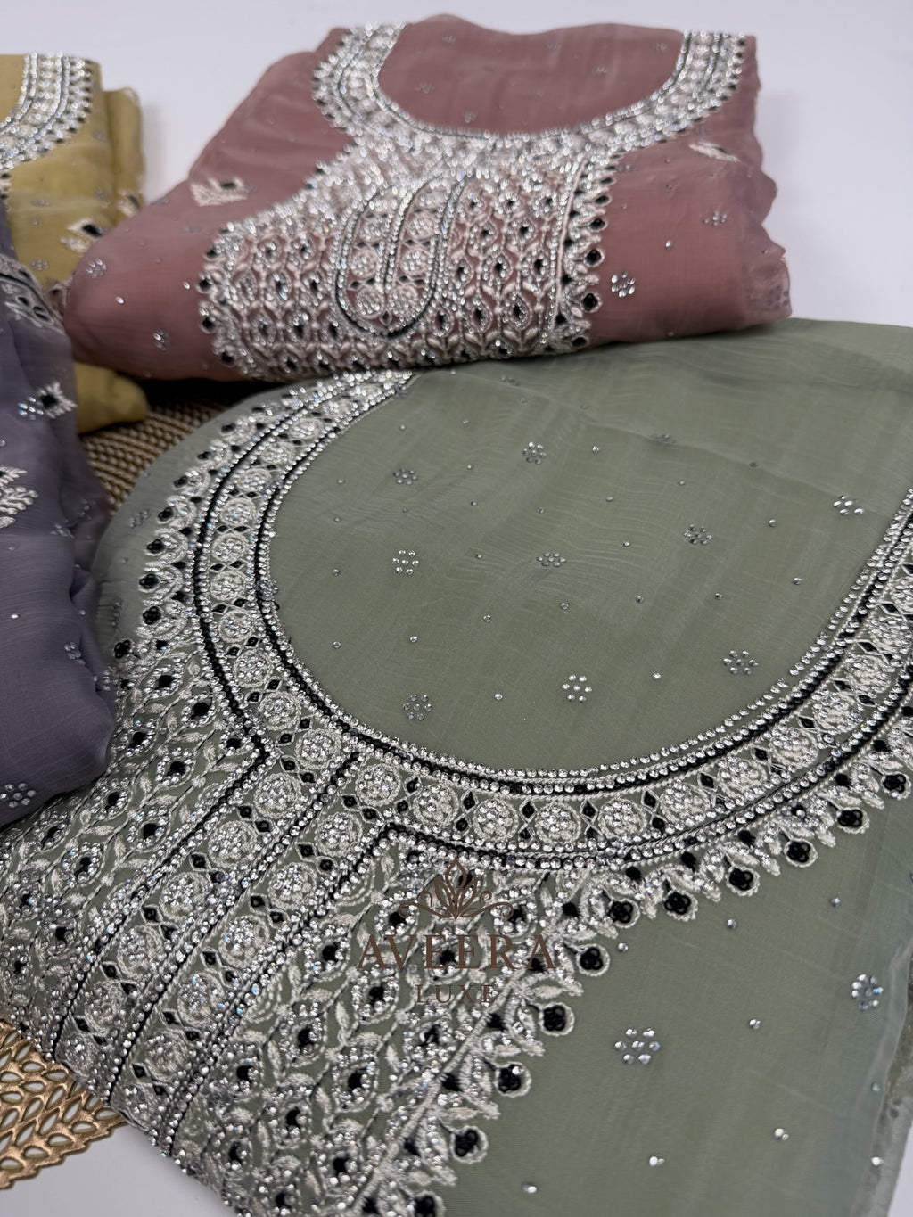 Chiffon Party Wear Unstitched Suit with Embroidery & Stonework (Green/Pink/Purple/Yellow)