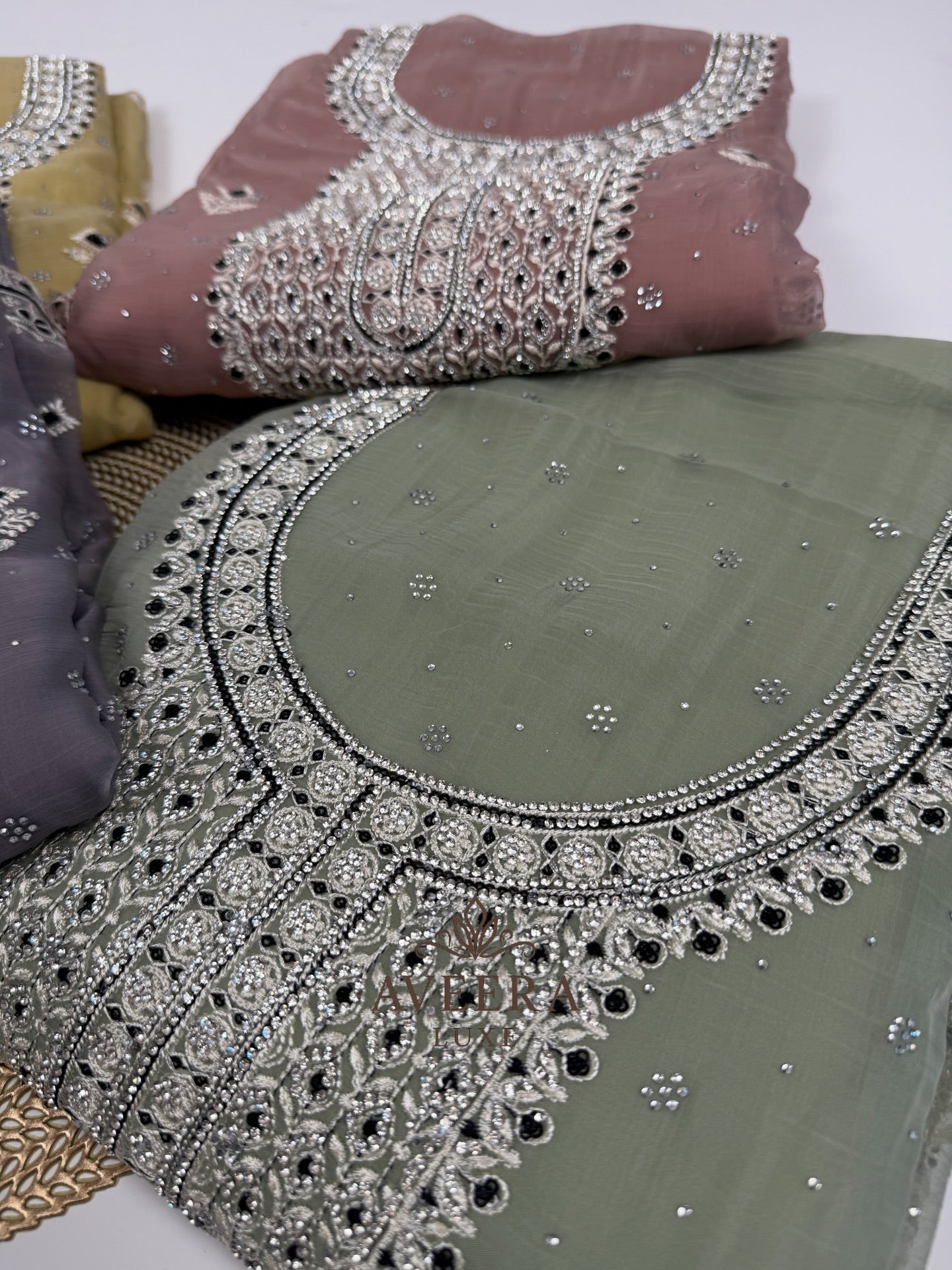 Chiffon Party Wear Unstitched Suit with Embroidery & Stonework (Green/Pink/Purple/Yellow)