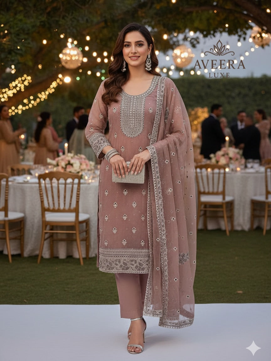 Chiffon Party Wear Unstitched Suit with Embroidery & Stonework (Green/Pink/Purple/Yellow)