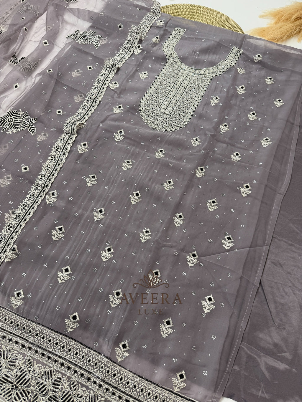 Chiffon Party Wear Unstitched Suit with Embroidery & Stonework (Green/Pink/Purple/Yellow)