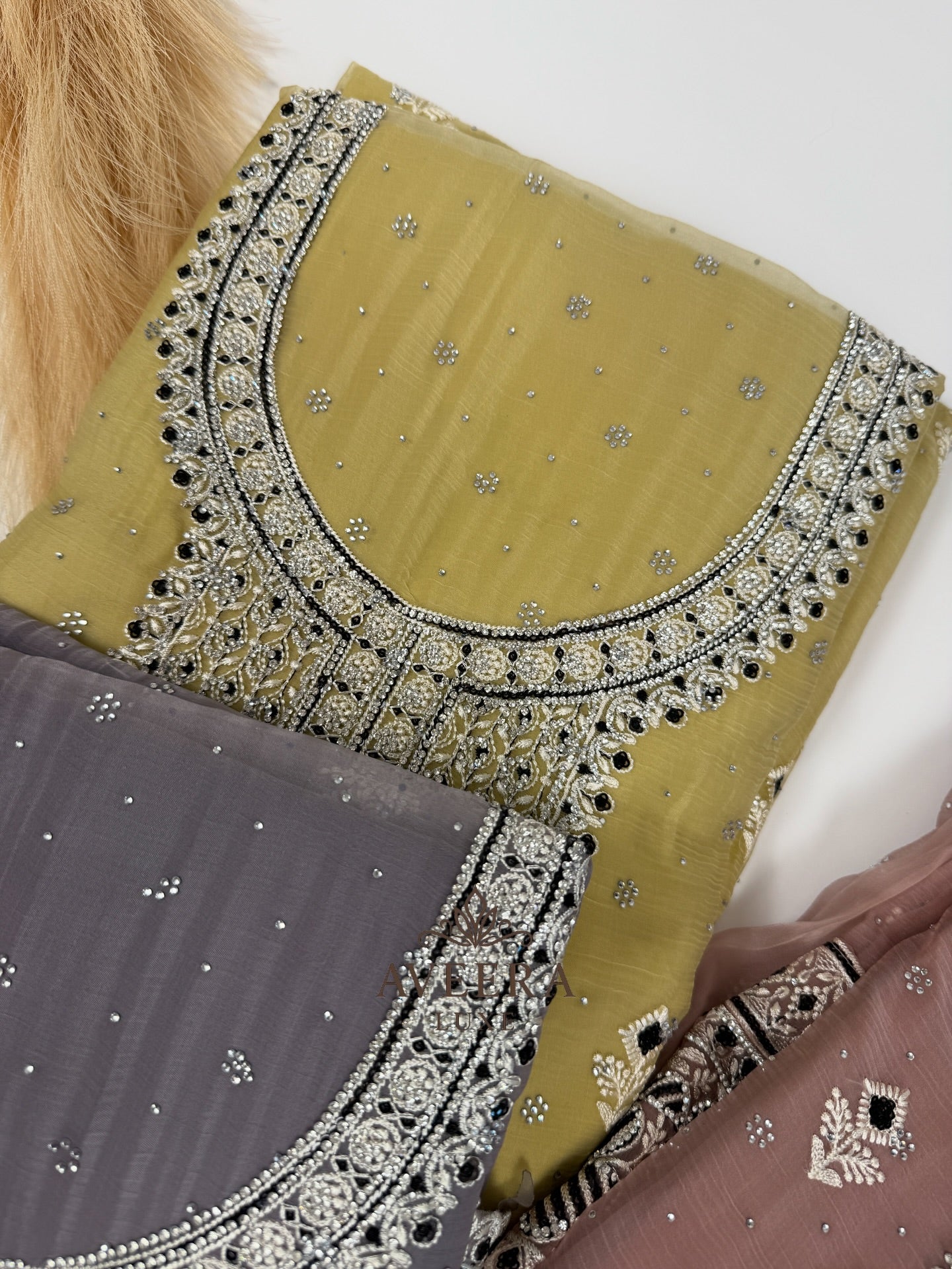 Chiffon Party Wear Unstitched Suit with Embroidery & Stonework (Green/Pink/Purple/Yellow)