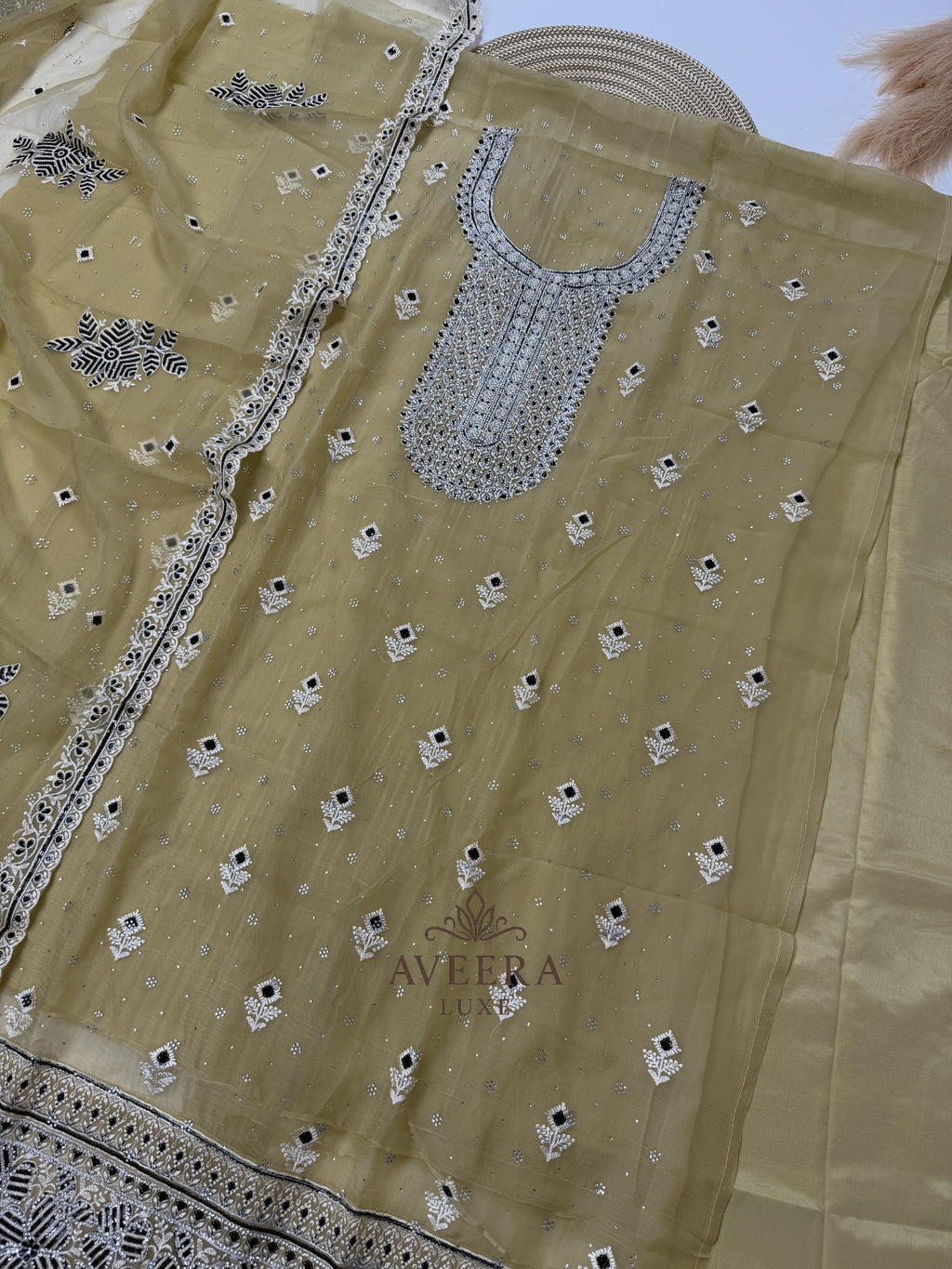 Chiffon Party Wear Unstitched Suit with Embroidery & Stonework (Green/Pink/Purple/Yellow)