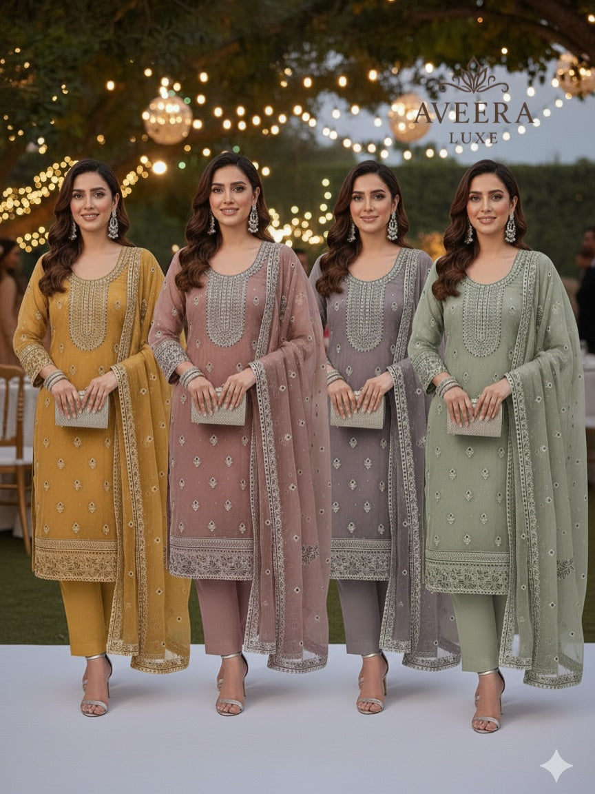 Chiffon Party Wear Unstitched Suit with Embroidery & Stonework (Green/Pink/Purple/Yellow)