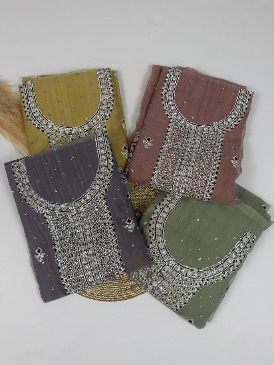 Chiffon Party Wear Unstitched Suit with Embroidery & Stonework (Green/Pink/Purple/Yellow)