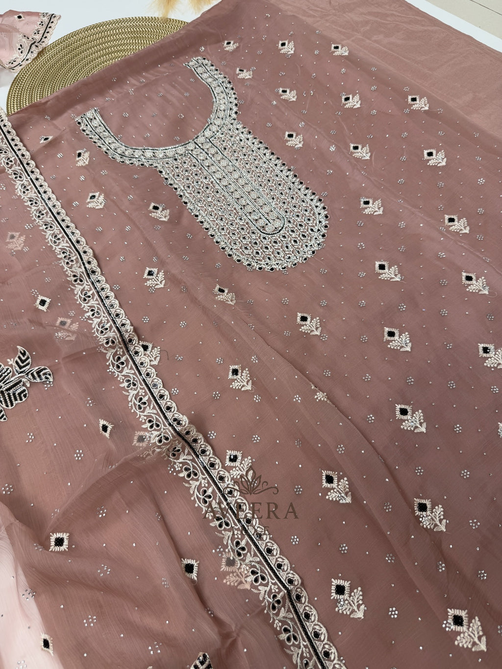Chiffon Party Wear Unstitched Suit with Embroidery & Stonework (Green/Pink/Purple/Yellow)