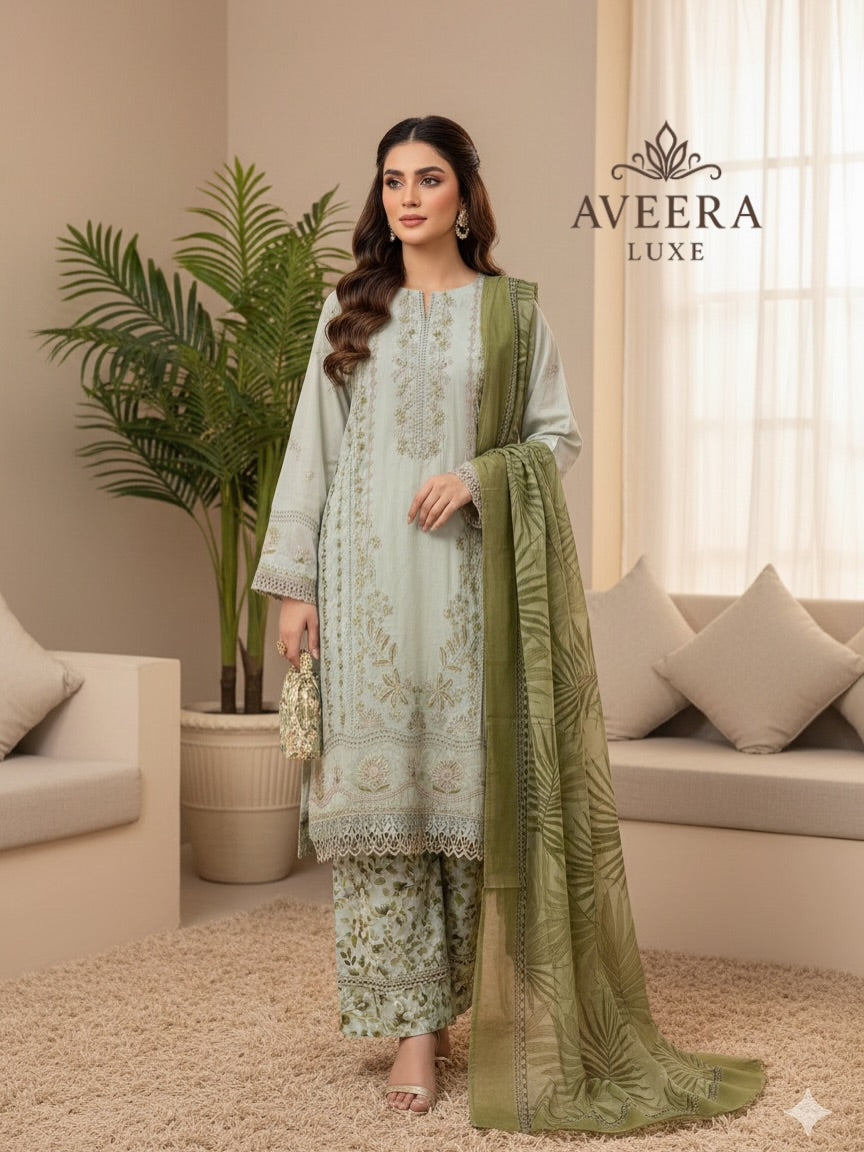 Bin Saeed Luxury Embroidered Cotton 3-Piece Shalwar Suit (M/L)