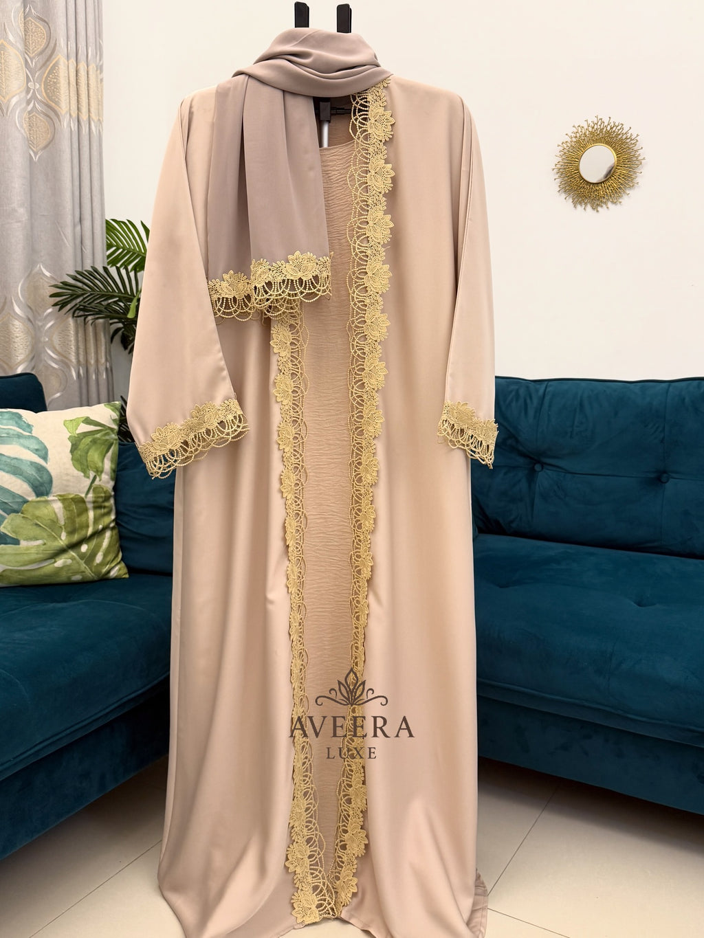 Dubai 2-Piece Abaya with Lace Detailing & Free Hijab | TikTok Fabric (Sizes 54/56)