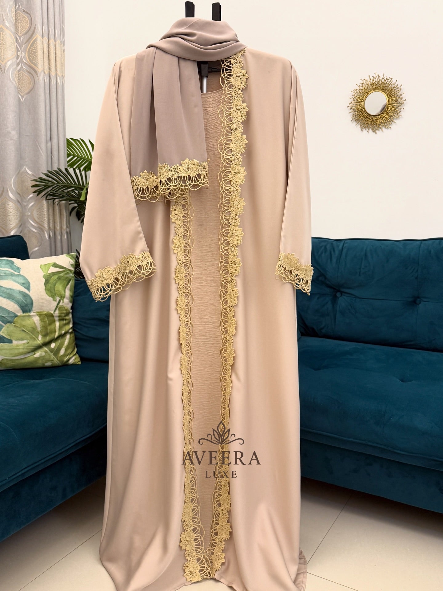 Dubai 2-Piece Abaya with Lace Detailing & Free Hijab | TikTok Fabric (Sizes 54/56)