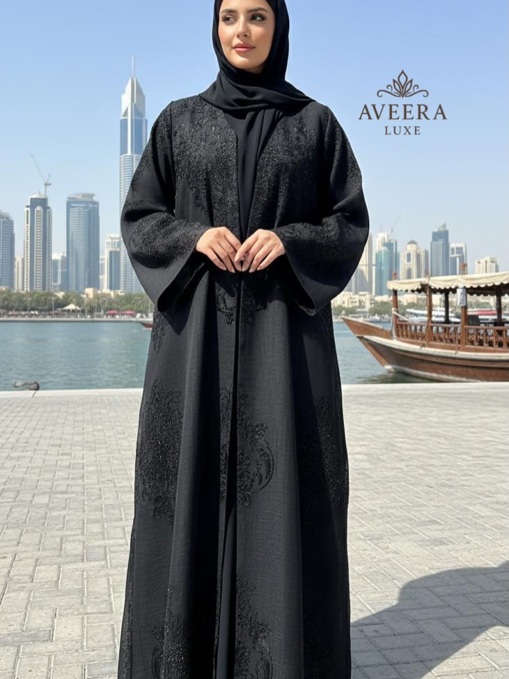 Dubai Black Linen Abaya with Shimmer & Free Hijab (Sizes 52/54)