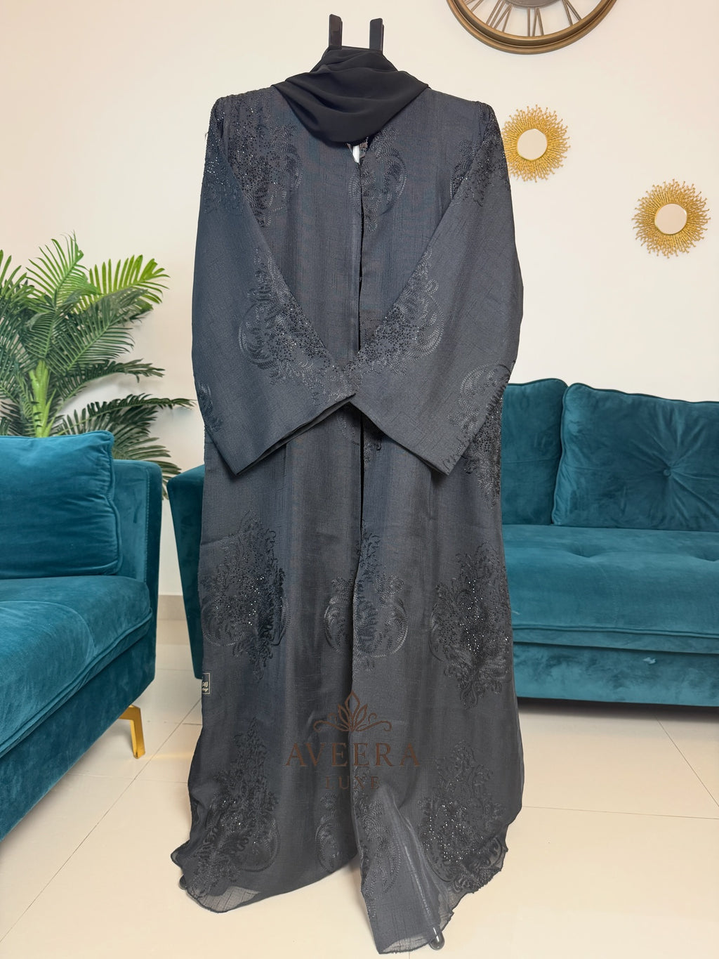Dubai Black Linen Abaya with Shimmer & Free Hijab (Sizes 52/54)
