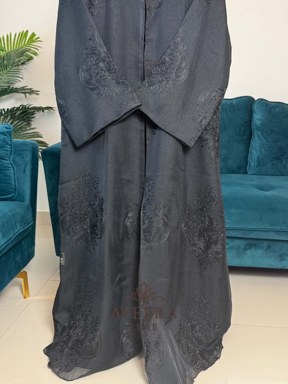 Dubai Black Linen Abaya with Shimmer & Free Hijab (Sizes 52/54)
