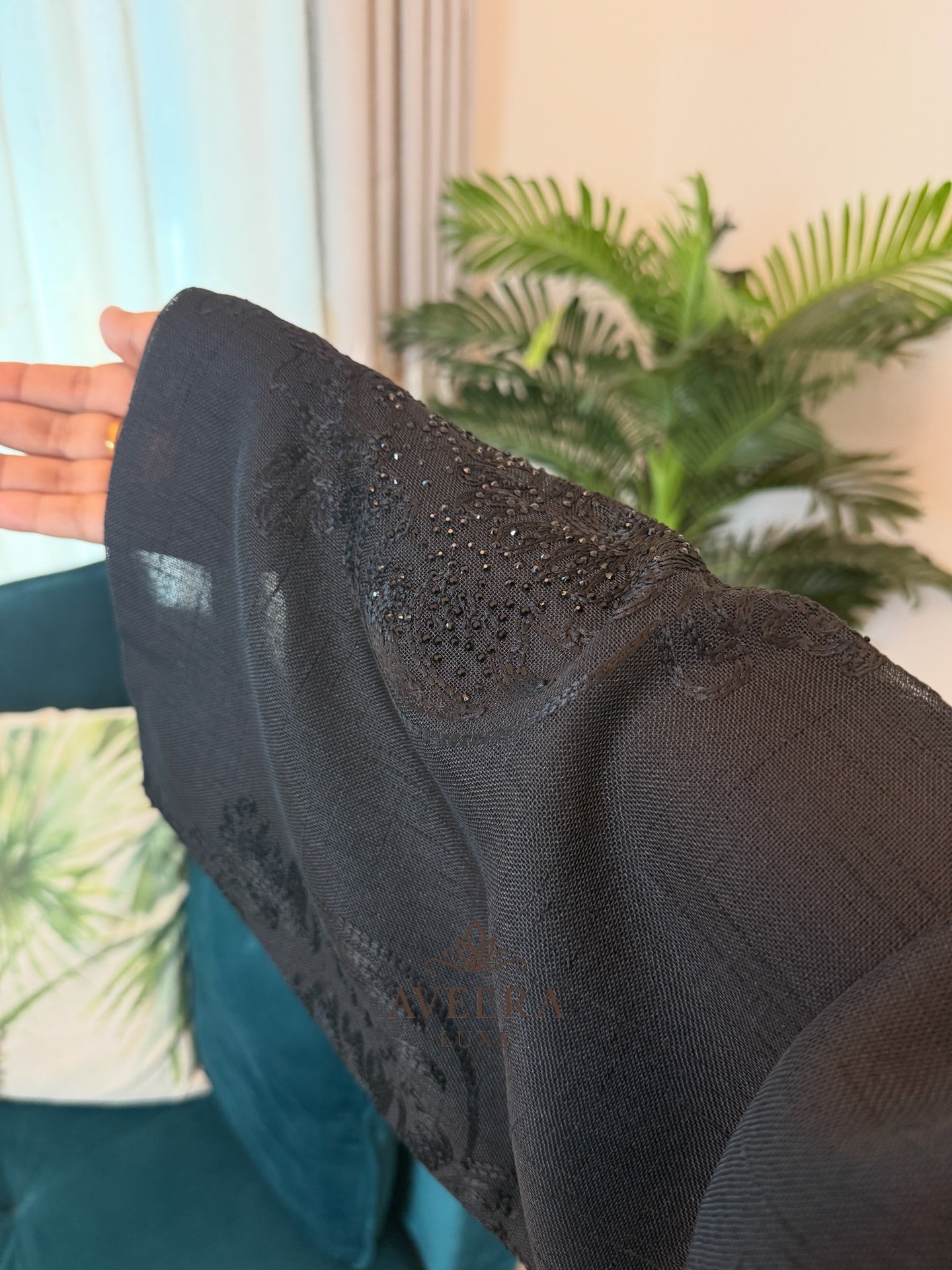 Dubai Black Linen Abaya with Shimmer & Free Hijab (Sizes 52/54)
