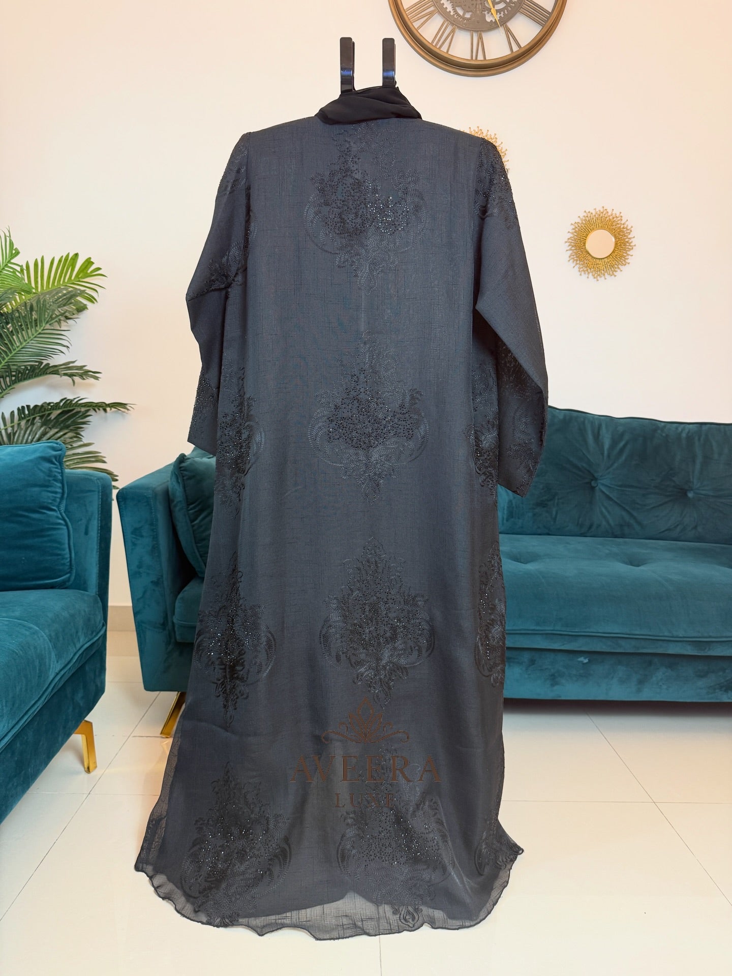 Dubai Black Linen Abaya with Shimmer & Free Hijab (Sizes 52/54)