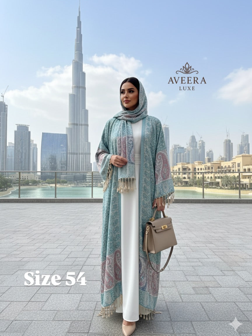 EID ARRIVALS - Pashmina Abaya with Stonework & Shawl (Sea Green/Peach)