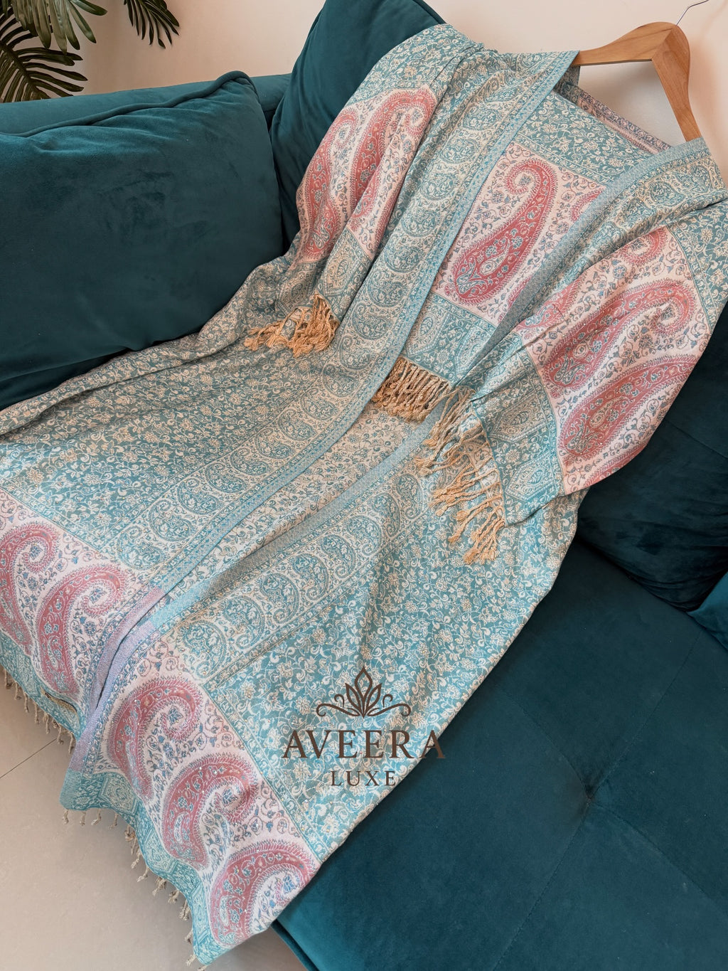 EID ARRIVALS - Pashmina Abaya with Stonework & Shawl (Sea Green/Peach)