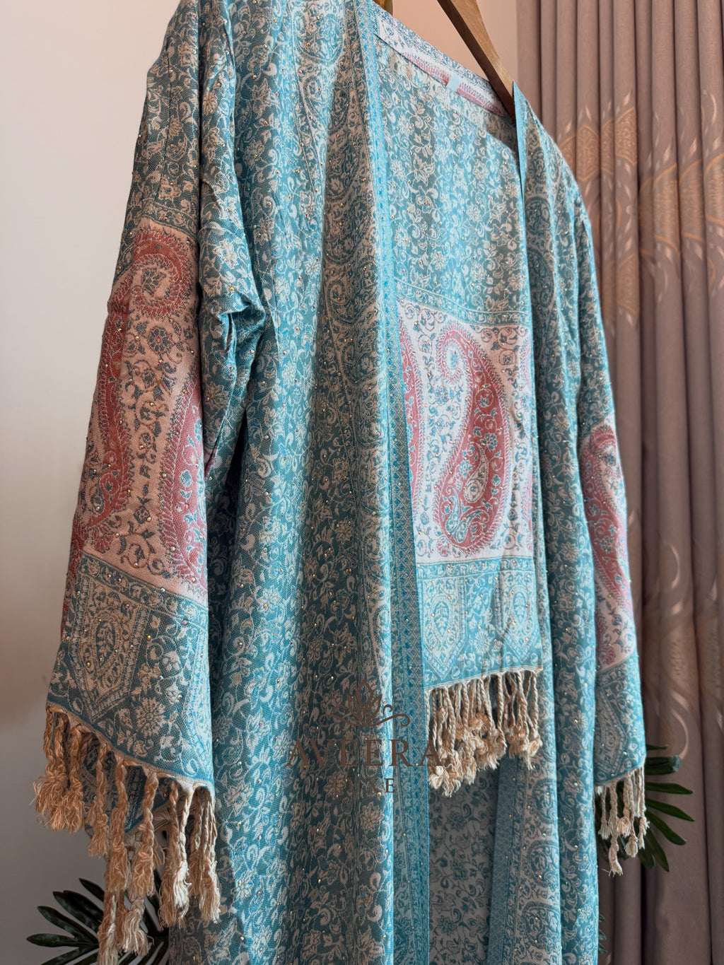 EID ARRIVALS - Pashmina Abaya with Stonework & Shawl (Sea Green/Peach)