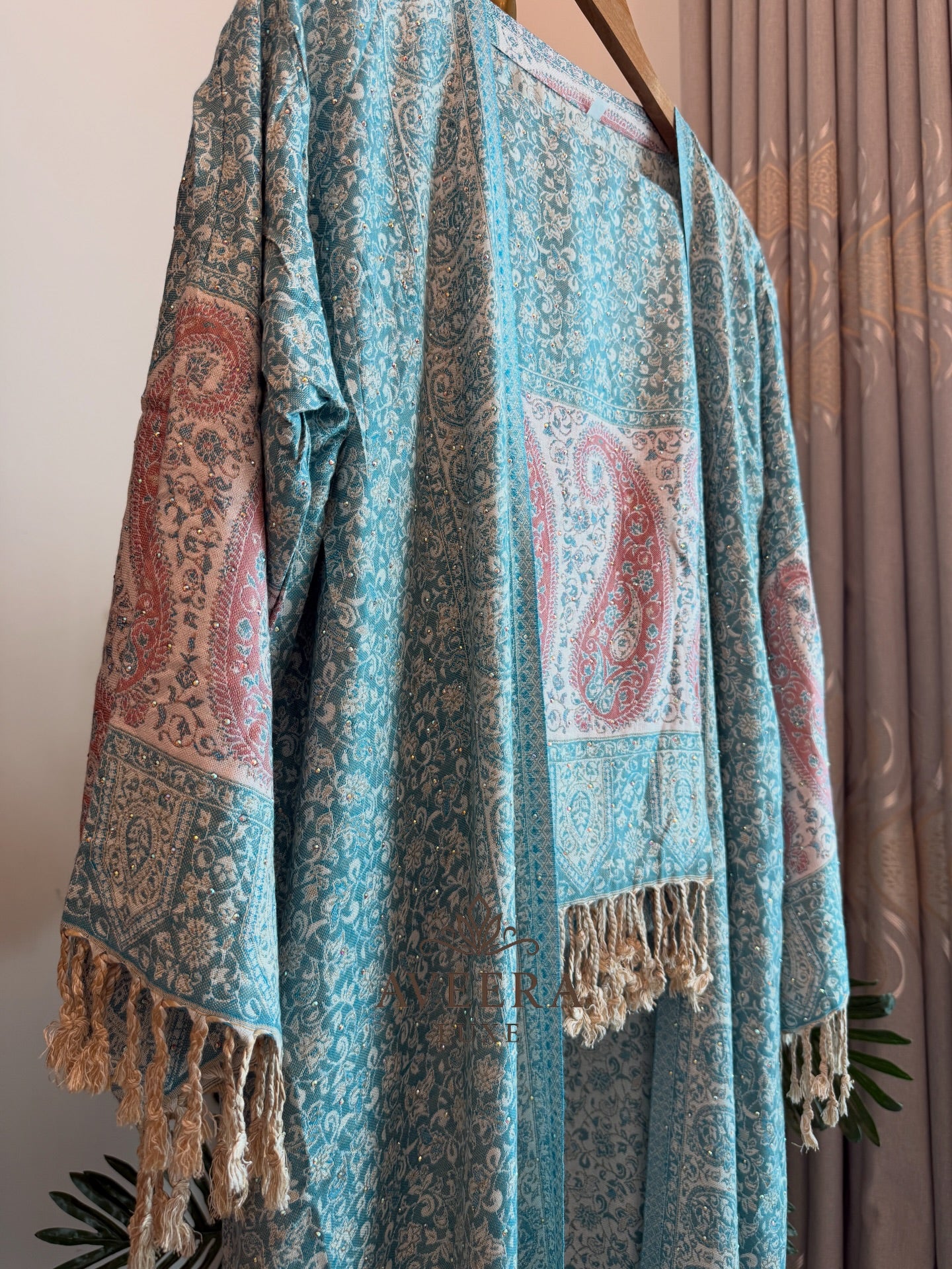 EID ARRIVALS - Pashmina Abaya with Stonework & Shawl (Sea Green/Peach)